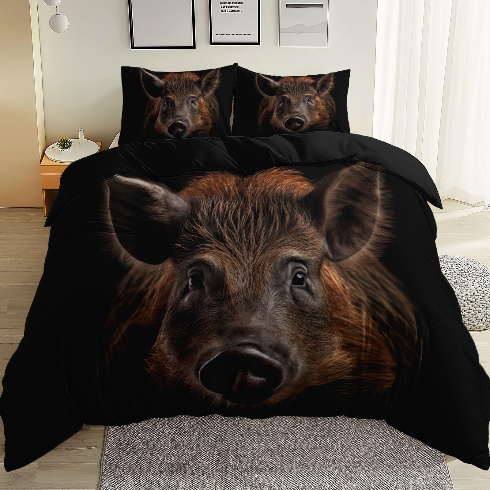 Copripiumino 220 x 240 cm 3 Pezzi in Cinghiale, documentario sul tono scuro con Chiusura e Federa copripiumino in microfibra Set di Biancheria da Letto di Stile Elegante, Marrone e nero