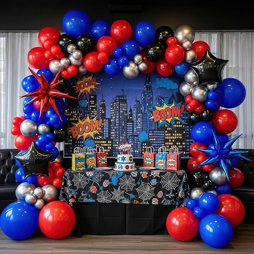 Miniatura 8 de Kit de arco de guirnalda de globos azules, rojos y negros, 130 piezas con globos grandes de mylar de Starburs para decoración de cumpleaños de