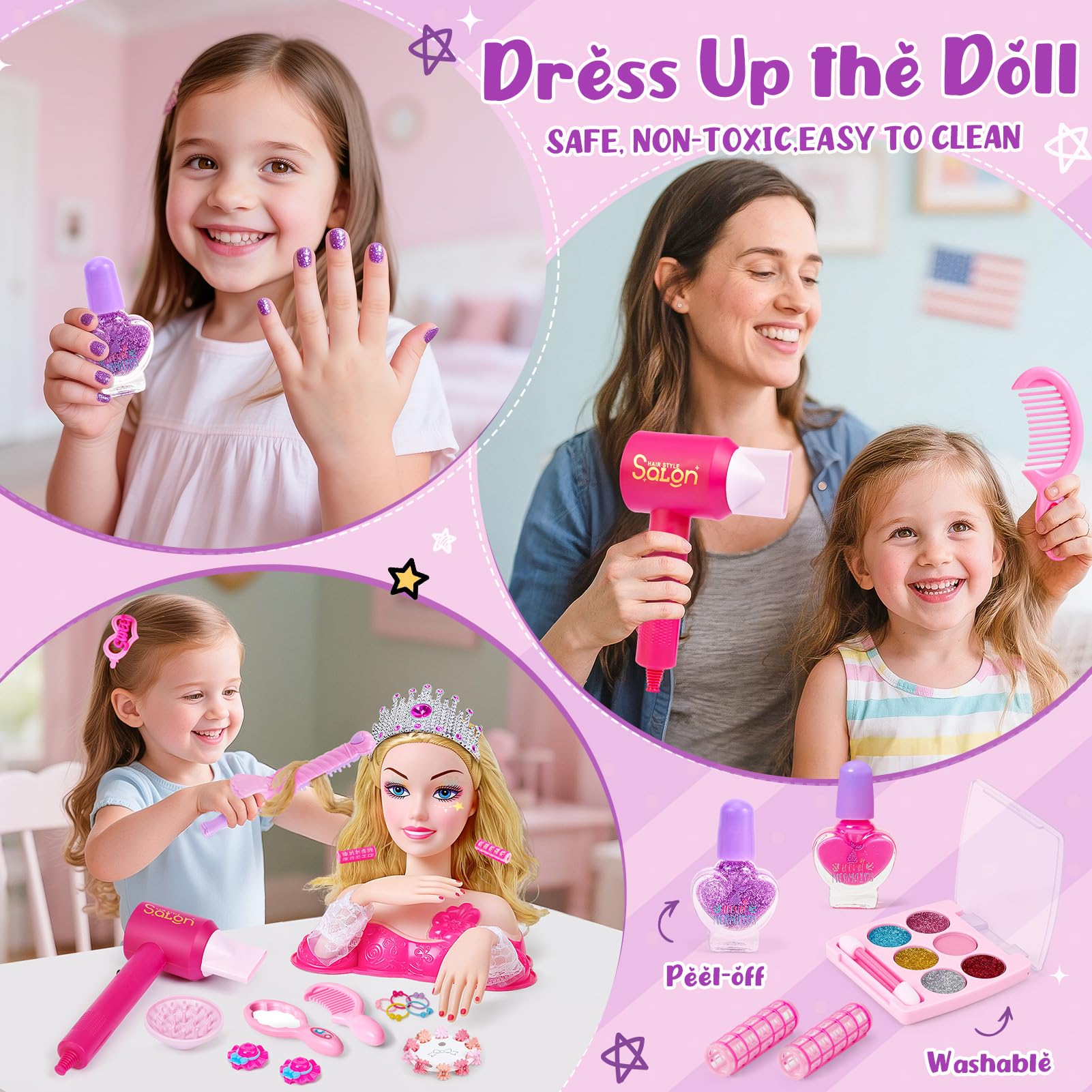 G.C Testa Bambola da Truccare e Pettinare Giocattoli Bambina 4 5 6 7 8 Anni con Asciugacapelli Smalto Pelabile Unghie Trucchi Corona Accessori per Capelli,Set Parrucchiera Bambina Regalo Compleanno