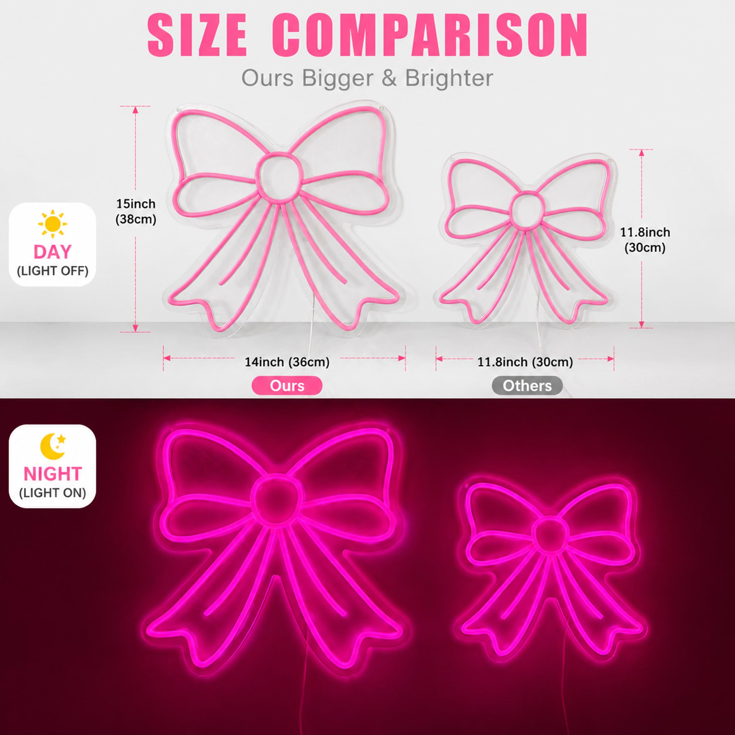 Letrero Neon pared Estética, Neon LED Lazo Rosa Vibrante con Cable USB, Decoracion habitacion Niña y Decoracion Gamer, Luz Nocturna Infantil Regalo Niña 6 Años a 18 Años