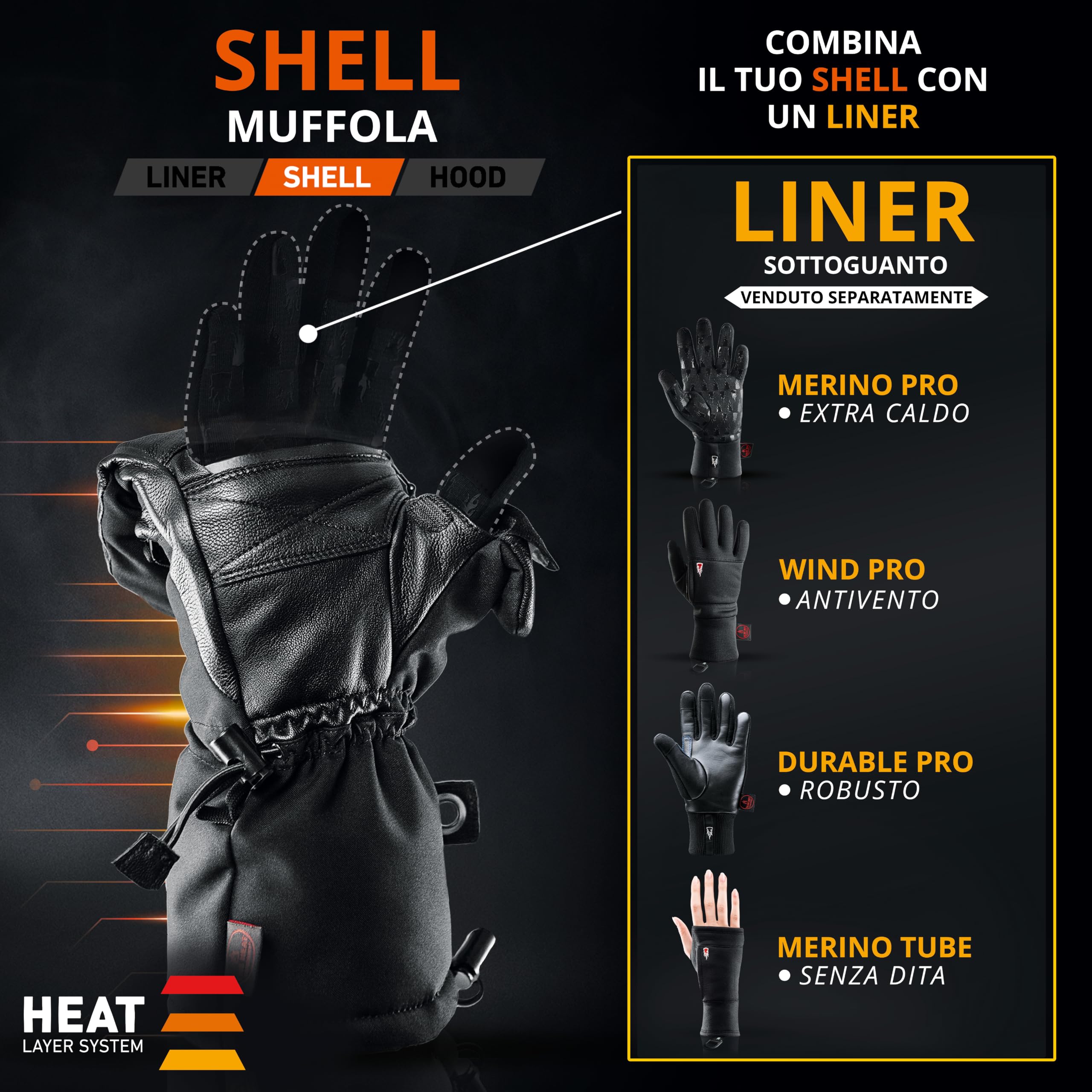 THE HEAT COMPANY Shell muffole - l'innovazione del guanto - guanti invernali da ripiegare - guanti termici extra caldi - altamente idrorepellenti - donna e uomo - nero, senza guanto interno