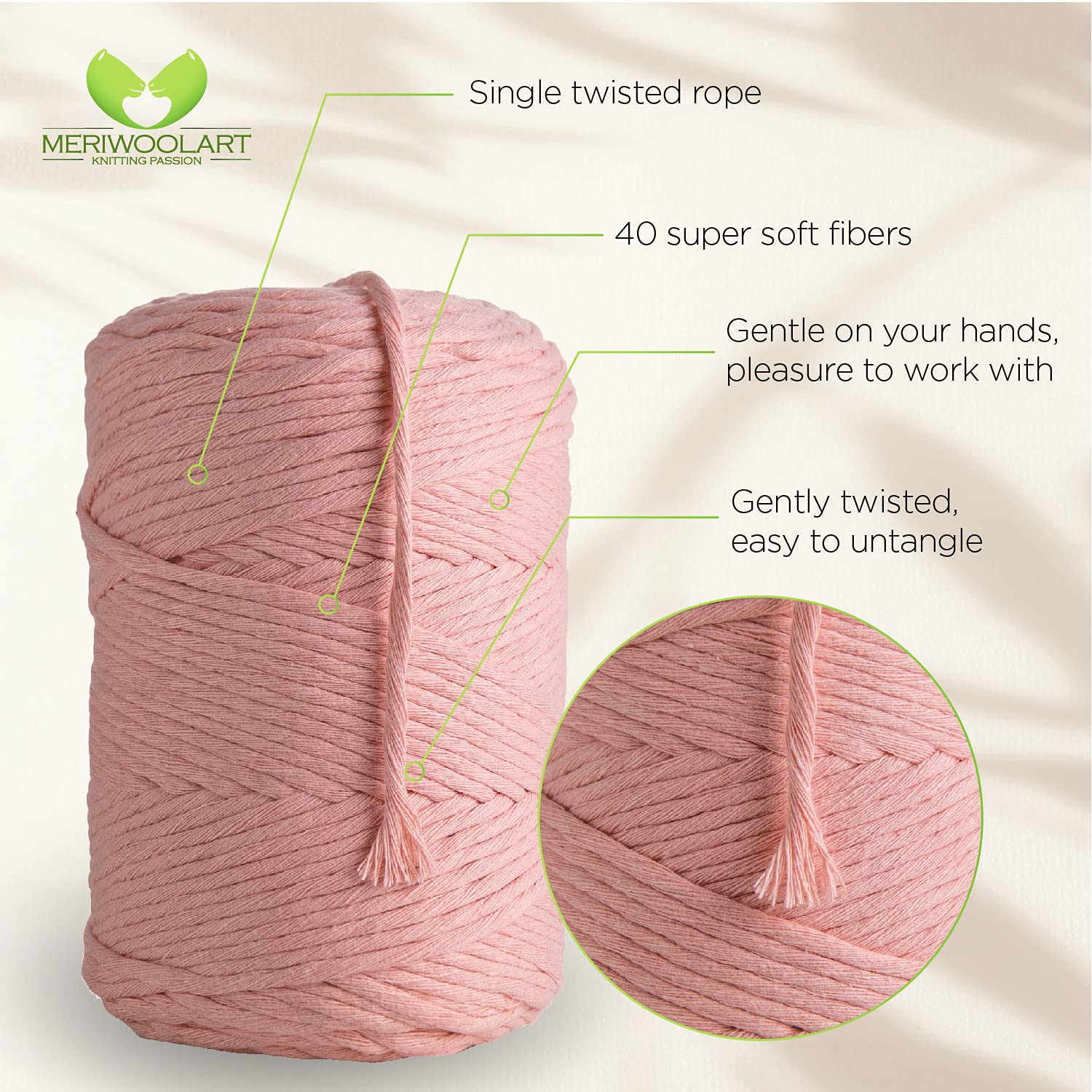 'MeriWoolArt® Natural Macrame Yarn, 4 mm, Colourful, 225 m, Super Soft Cotton Yarn - Image 3
