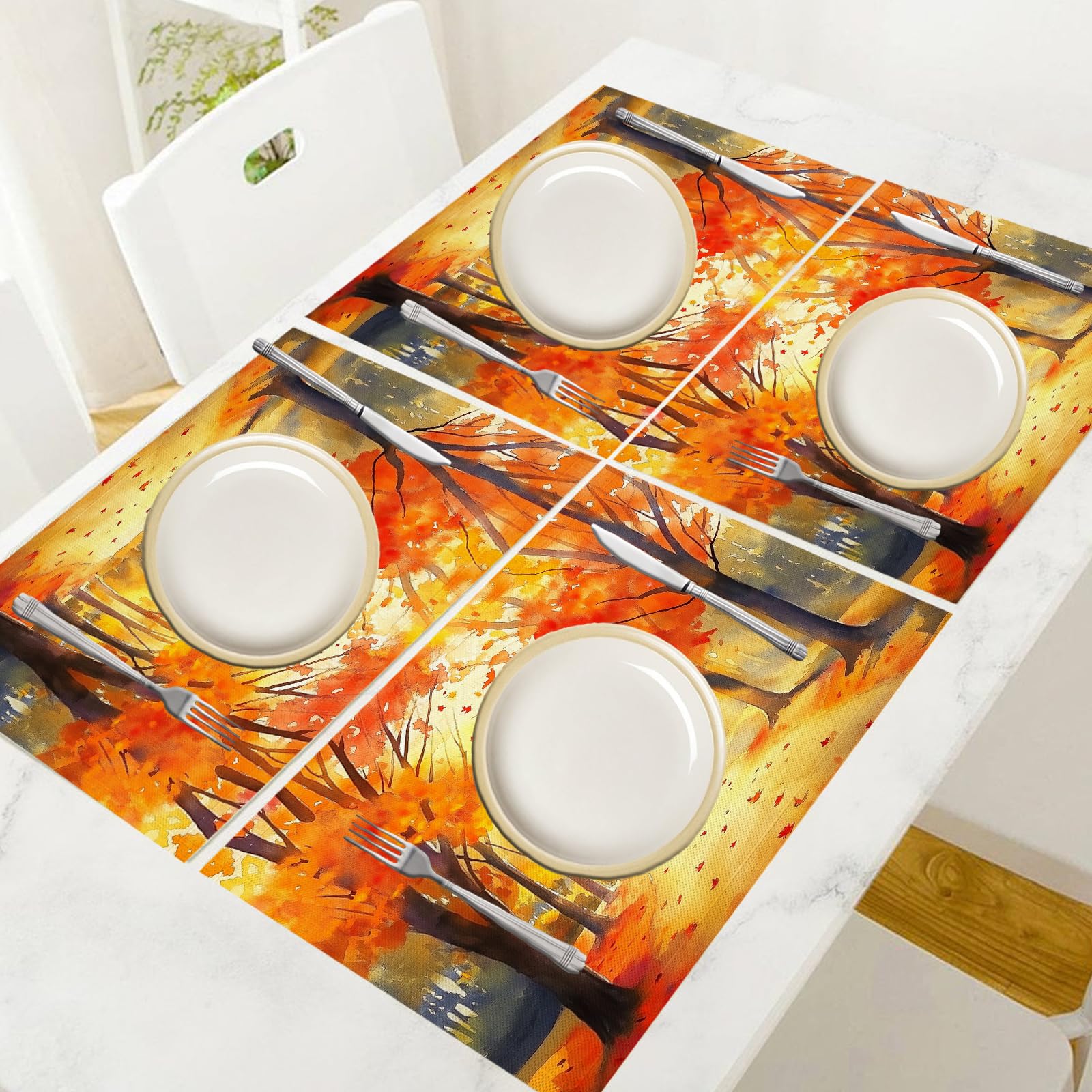 30×45cm Tovaglietta Americana Acquerello in Cotone Lino Rettangolare - Tovagliette Set di 8 Alberi autunnali Resistente al Calore per La Cucina, Il L'Ufficio