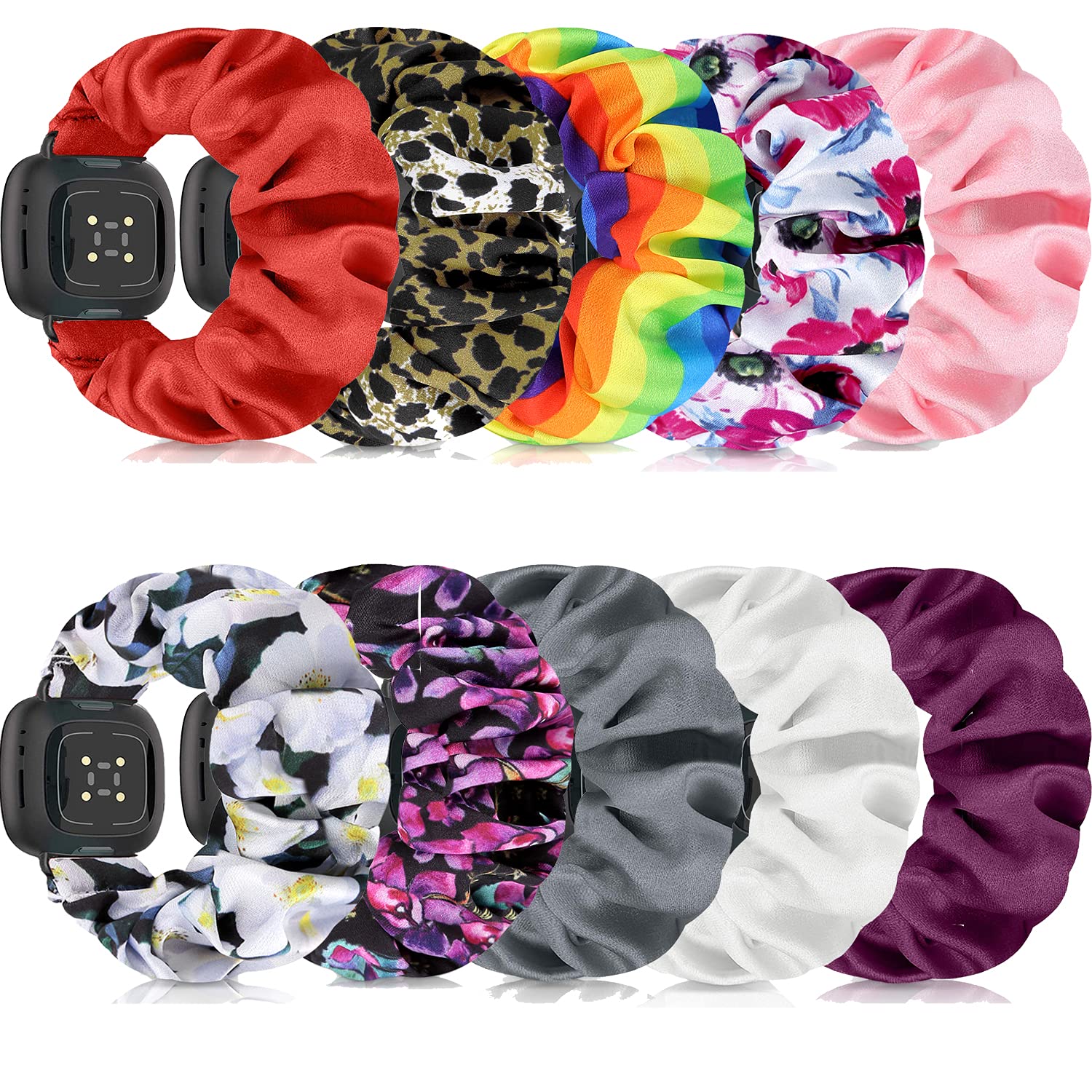 10 Pack Watch Band Compatible with Fitbit Sense/Versa 3 Scrunchies Soft Stretch Nylon Strap Bracelet Fabric Pattern Printed Replacement Elastic Band for Women Men