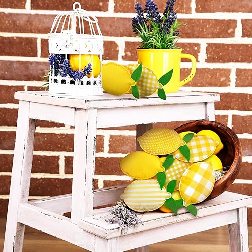 Miniatura 7 de Patelai 12 piezas de decoración de bandeja escalonada de limón, decoración de tela rellena de verano de 5 pulgadas, decoración de cocina rústica