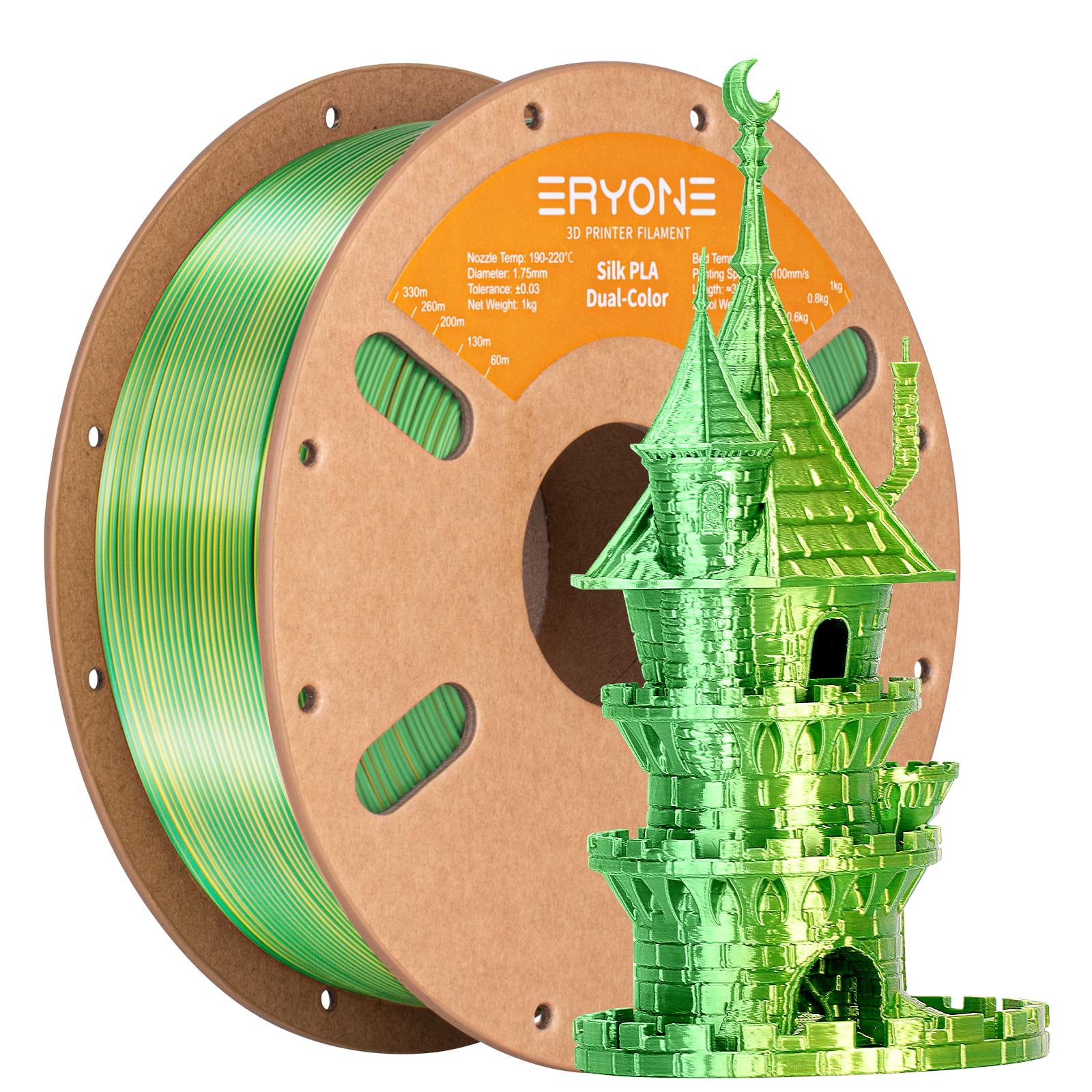 ERYONE Filamento PLA bicolore doppio 1,75 mm, filamento stampante 3D bobina da 1 kg +/- 0,02 mm, giallo seta e verde