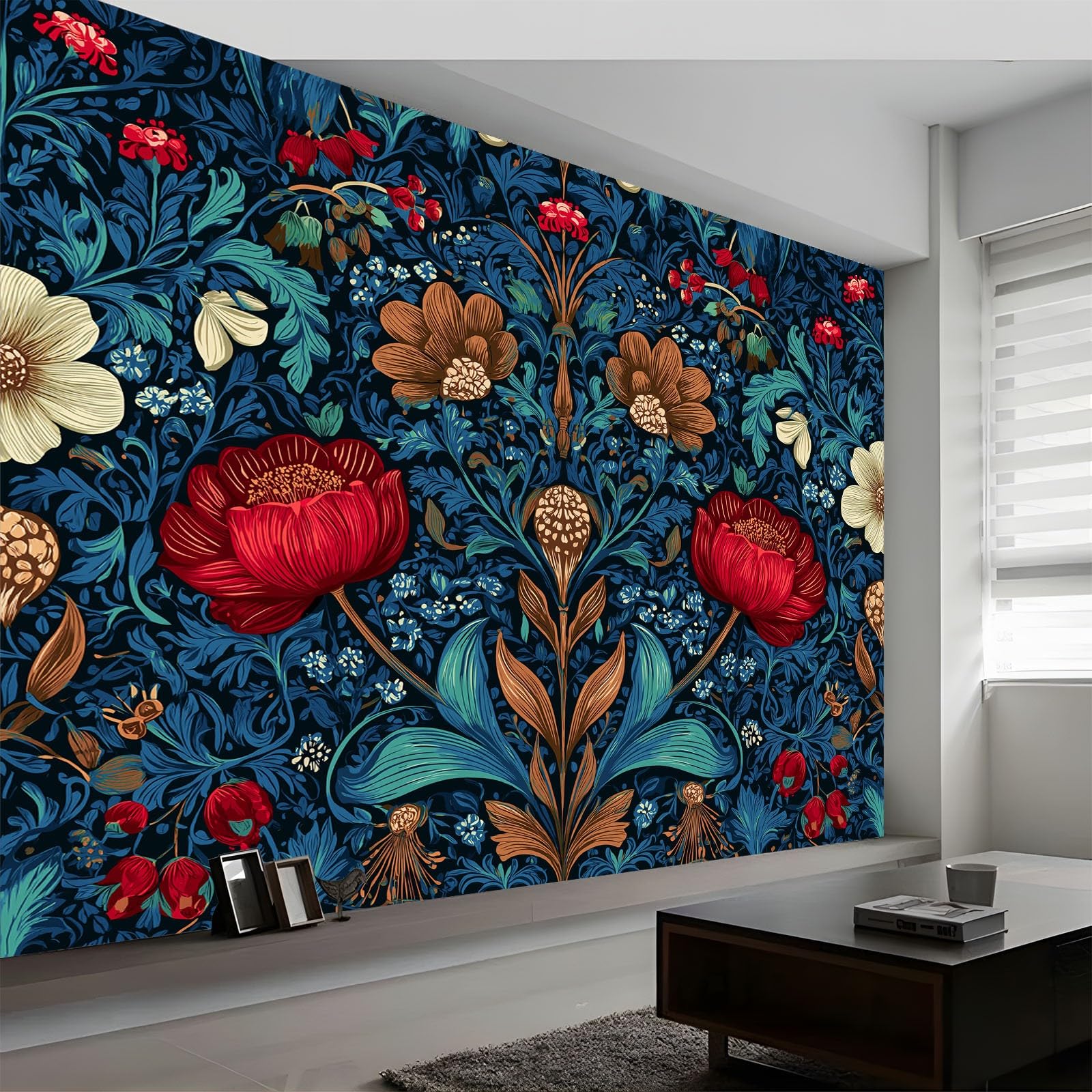 Fototapeta 200 x 140 cm William Morris Vintage Kwiatowy 3D Włóknina Artystyczny Druk Mural Dekoracja, Nowoczesny Salon Sypialnia Sztuka Plakat Mural Tapeta, Ciemnozielona