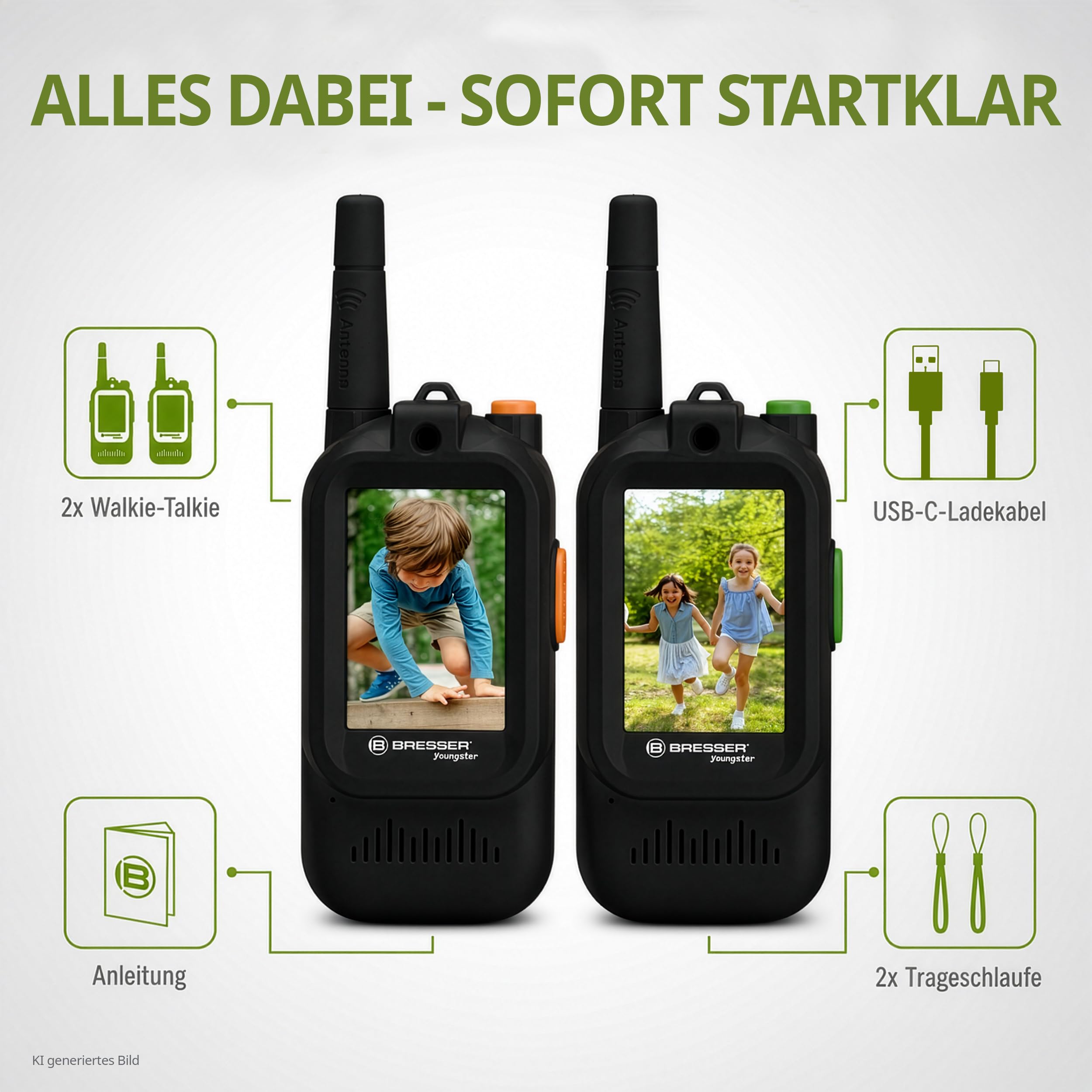 Bresser Youngster Video Walkie Talkie per bambini con display da 2 pollici, batteria ricaricabile, cambia voce, cavo di ricarica USB C