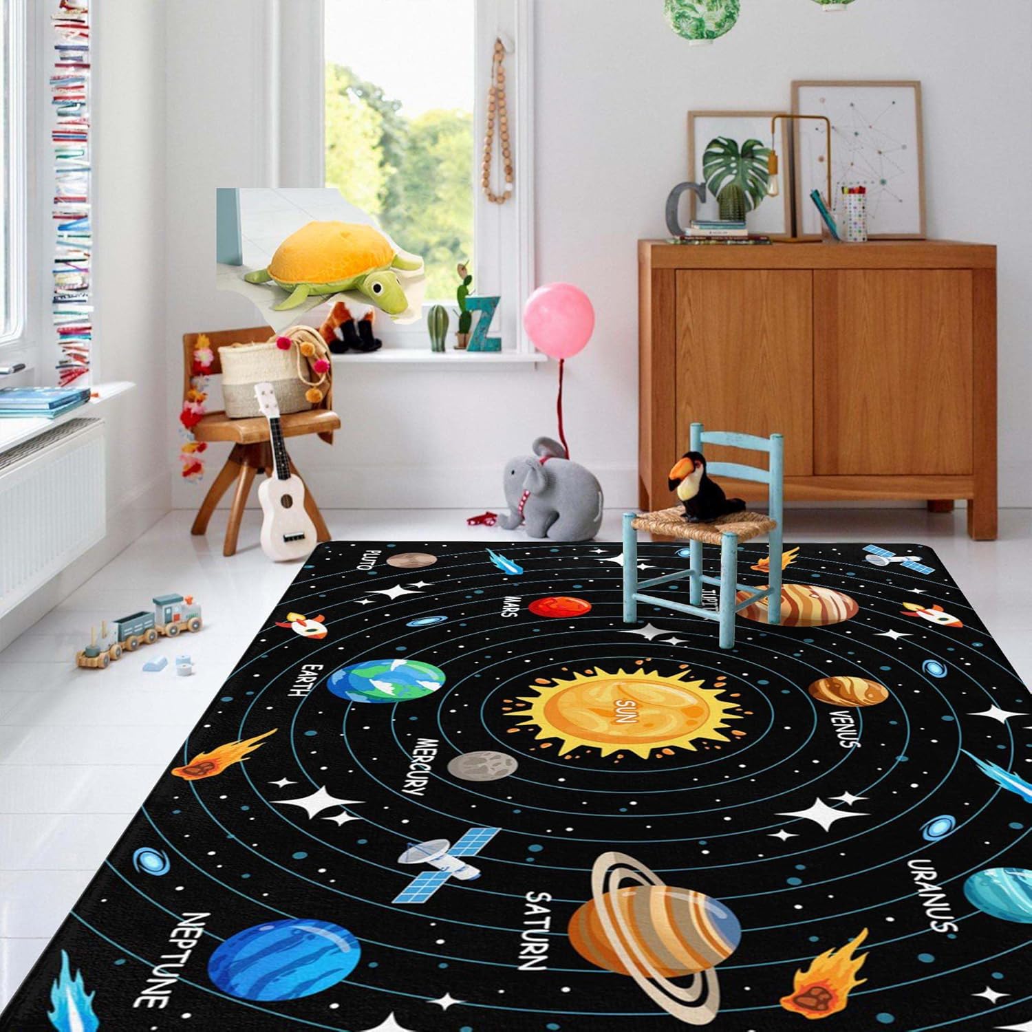 Kids Carpet Outer Space Rug, Solar System Mat 5x7 FT, Fun Game Boy Girl Kids Rug Carpet for Children Bedroom, Space Area Floor Mat for Living Room Nursery Room Toddler Classroom Decor