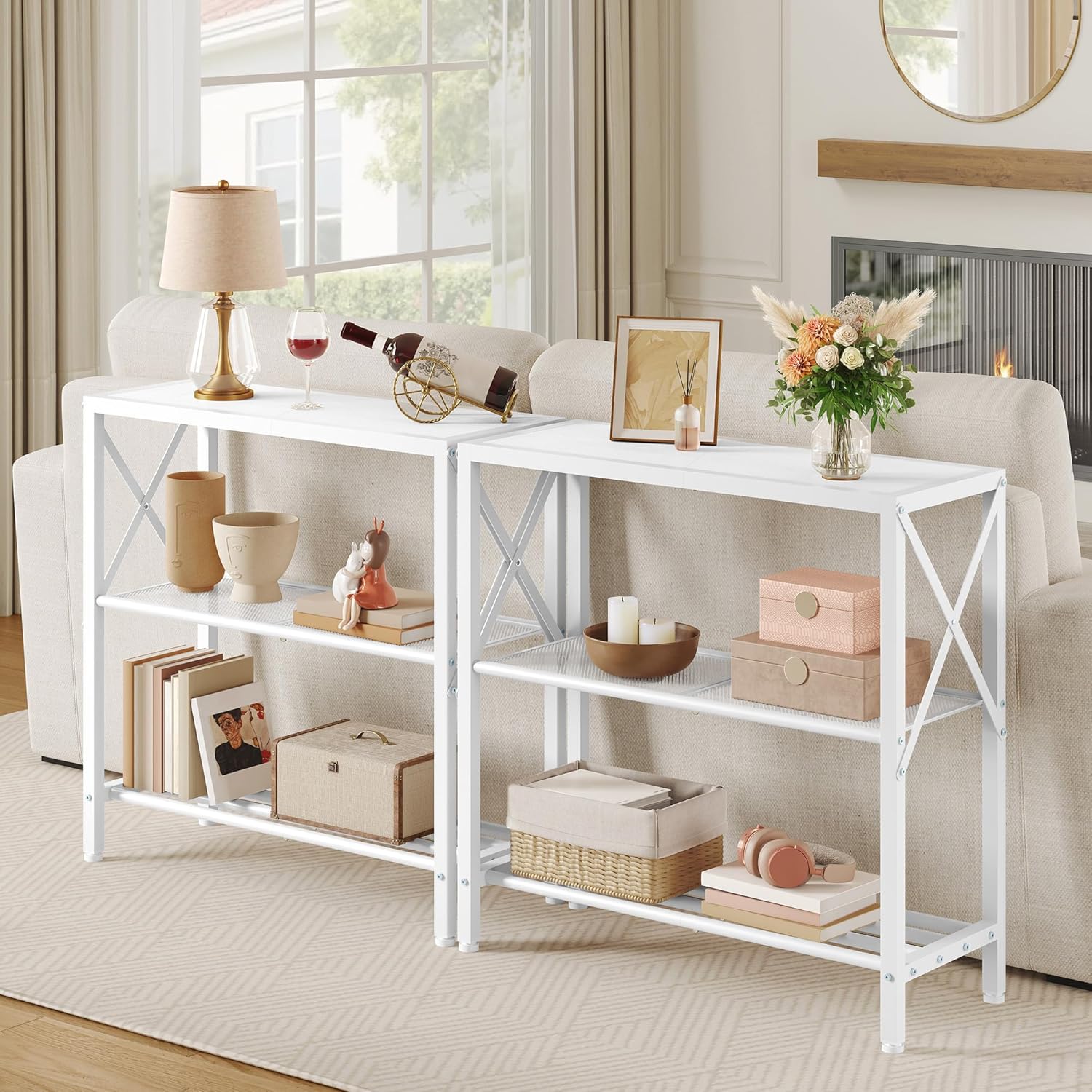Hoctieon Industrial Console Table, 3 Tier Entryway Table, Metal Frame, Sofa Table with Shelf, Hallway Table, Entrance Table for Entryway, Living Room, Foyer, Hallway, White 1 Pack White