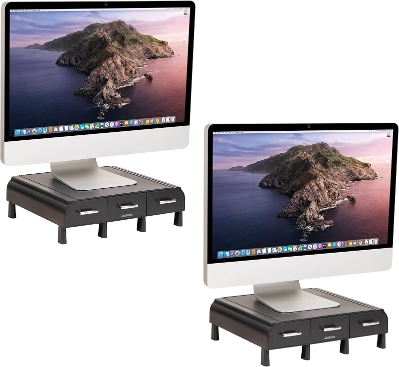 Mind Reader Soporte para monitor, 3 cajones de almacenamiento, organizador de escritorio, elevador, oficina, 13.5 pulgadas de largo x 13 pulgadas de ancho x 4 pulgadas de alto, juego de 2, negro