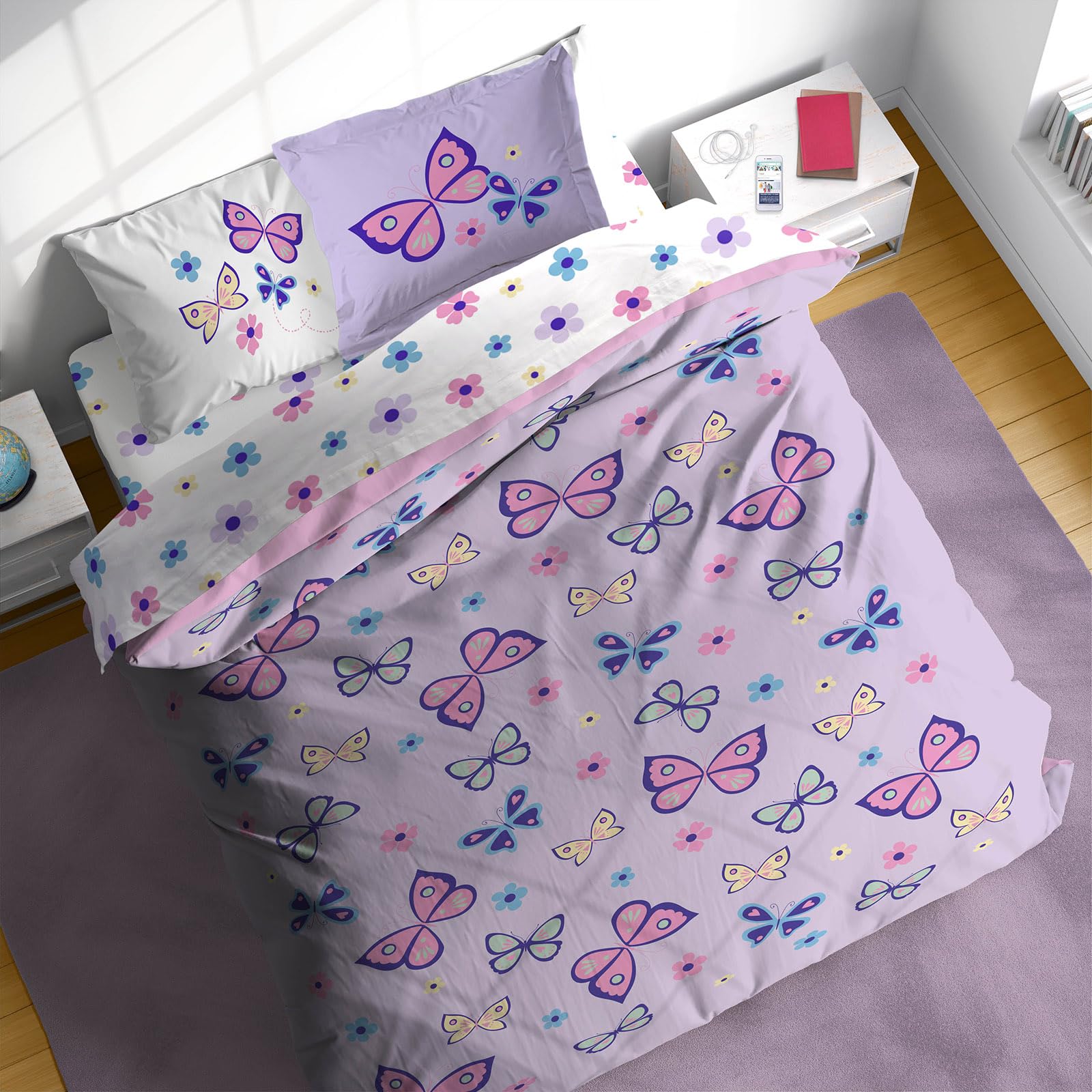 Sunny Side UpButterfly Full Comforter Set - 7 Piece Kids Bedding Includes Comforter, Sheets & Pillow Cover - Super Soft Purple Floral Microfiber Bed Set