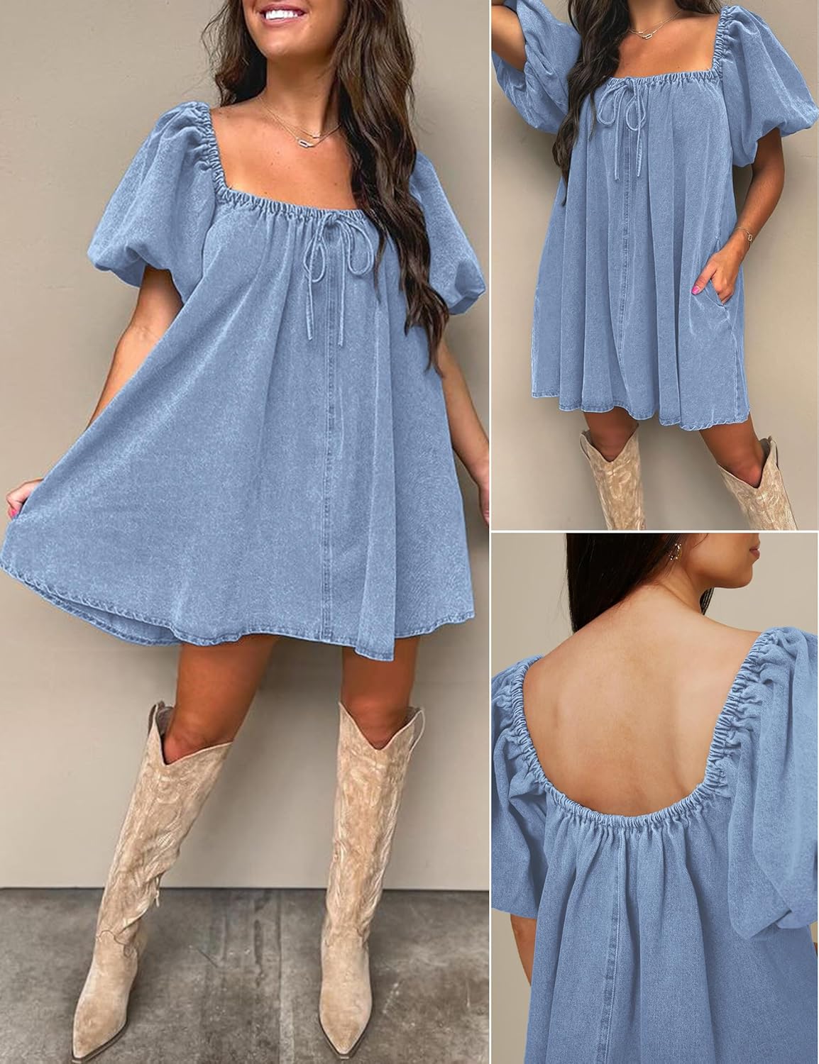 Denim Dress for Women, Puff Short Sleeve Jean Dress Square Neck Denim Romper with Pockets - Image 6