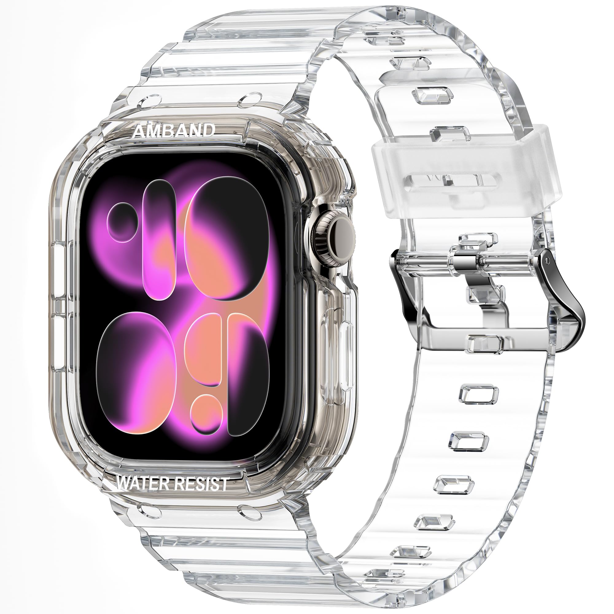 amBand Rugged Clear Band with Case Compatible with Apple Watch Series 10 11 46mm, Shockproof &amp; Protective Sport Bumper Cover for Men &amp; Women, Lightweight Strap with Soft Comfortable Fit, Transparent