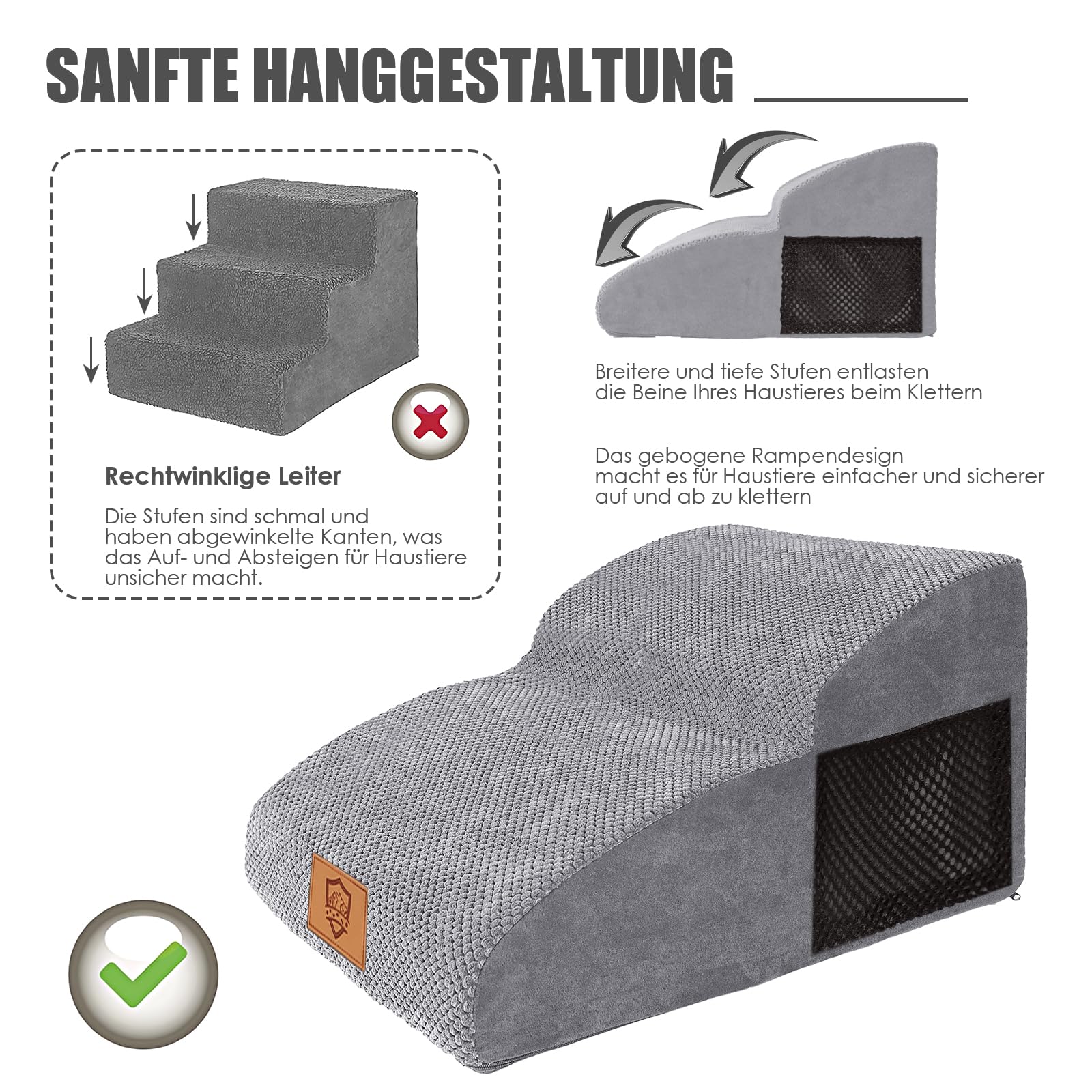 Myiosus Scaletta per Cani 2 Gradini, Scaletta per Cani Piccola Taglia, Scala per Animali Domestici in Schiuma per Divano e Letto, Antiscivolo, Impermeabile, Rimovibile, Lavabile, Grigio