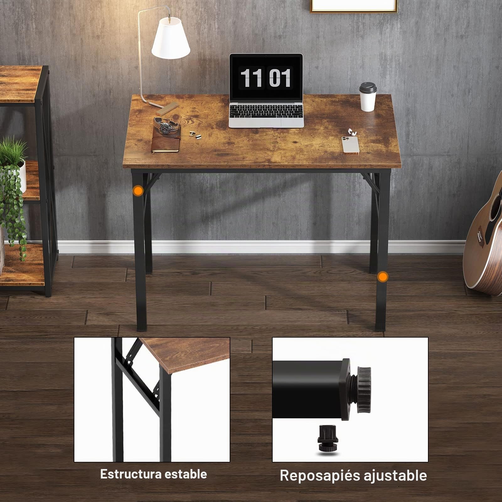 sogesfurniture Mesa Escritorio Plegable, 80x40cm Escritorio Compacto Mesa de Ordenador Escritorio de Oficina Mesa de Trabajo Mesa de Estudio de Madera y Acero, Marrón&Negro BHEU-AC5FB-8040