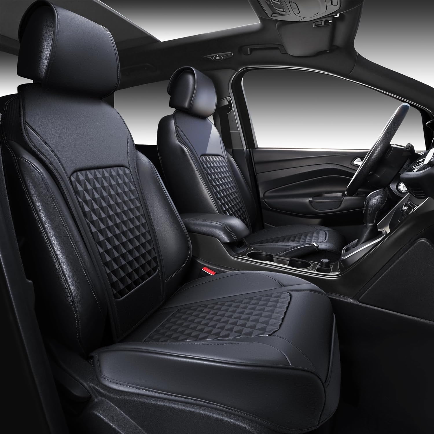 CAR PASS 2Pack Front Car Seat Covers Leather Memory Foam Water Proof Seat Protector Universal Fit for Cars SUVs Trucks Most Vehicles, 3D Foam Rhombus Sideless, Airbag Compatible Non-Slip, 2 Pcs Black