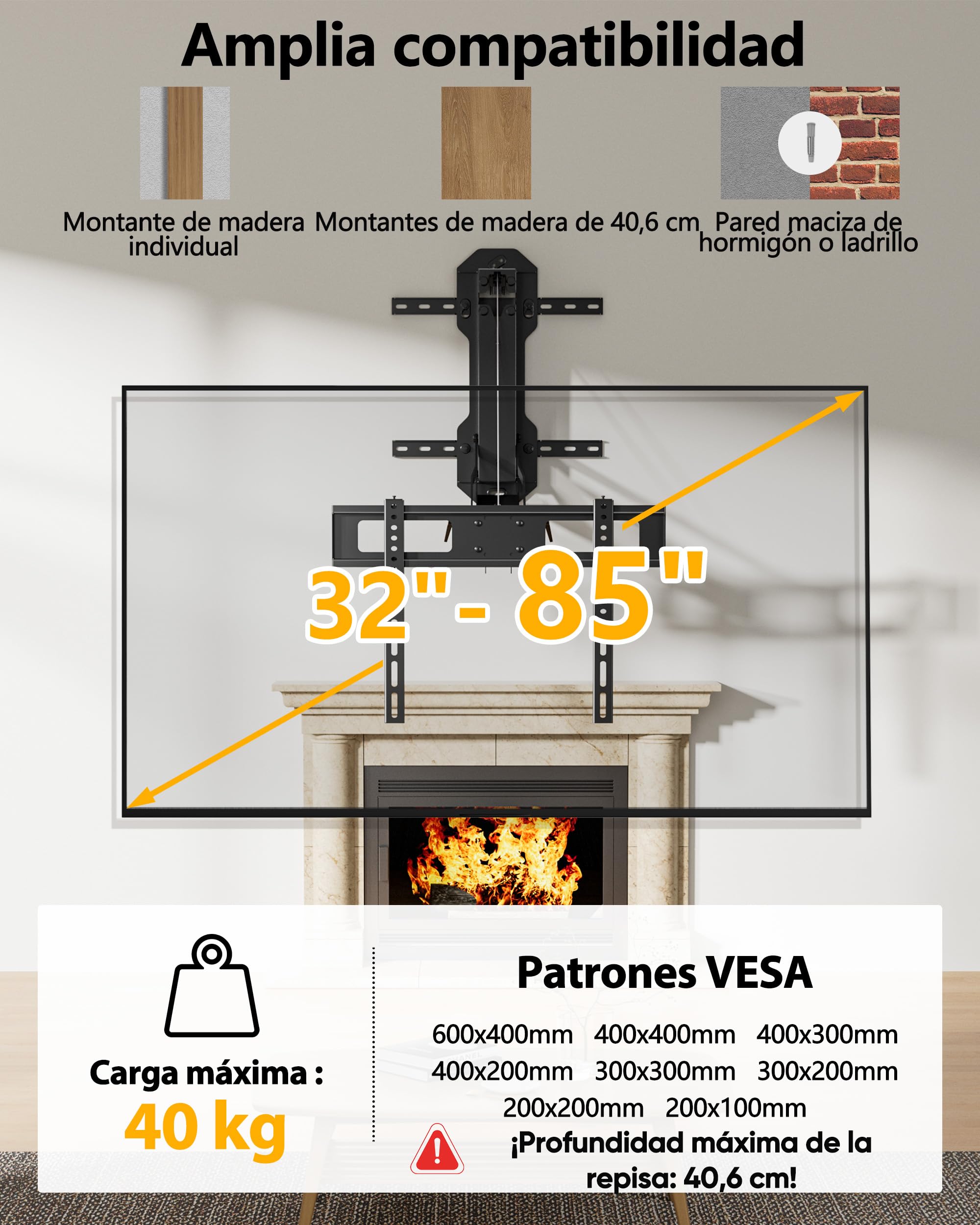FORGING Mount Soporte de Pared Eléctrico para TV de 32-85", hasta 40 kg | Altura Ajustable con Mando a Distancia, Inclinable y Giratorio, Soporte de Montaje Abatible Eléctrico, Max VESA 600×400mm
