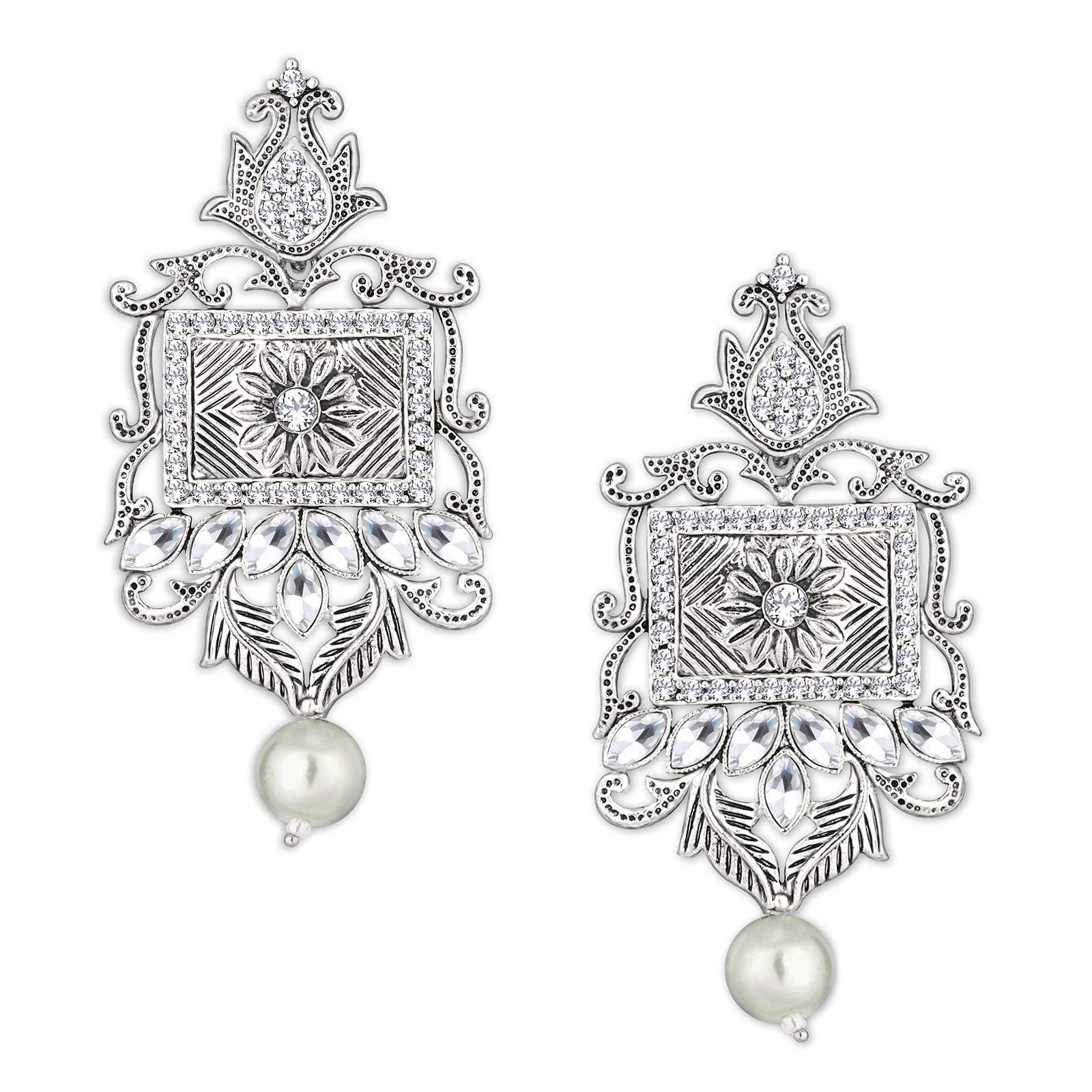 Spargz Leafy Oxidize Rhodium Plated Kundan Silver Dangle Earring For Women AIER_1527