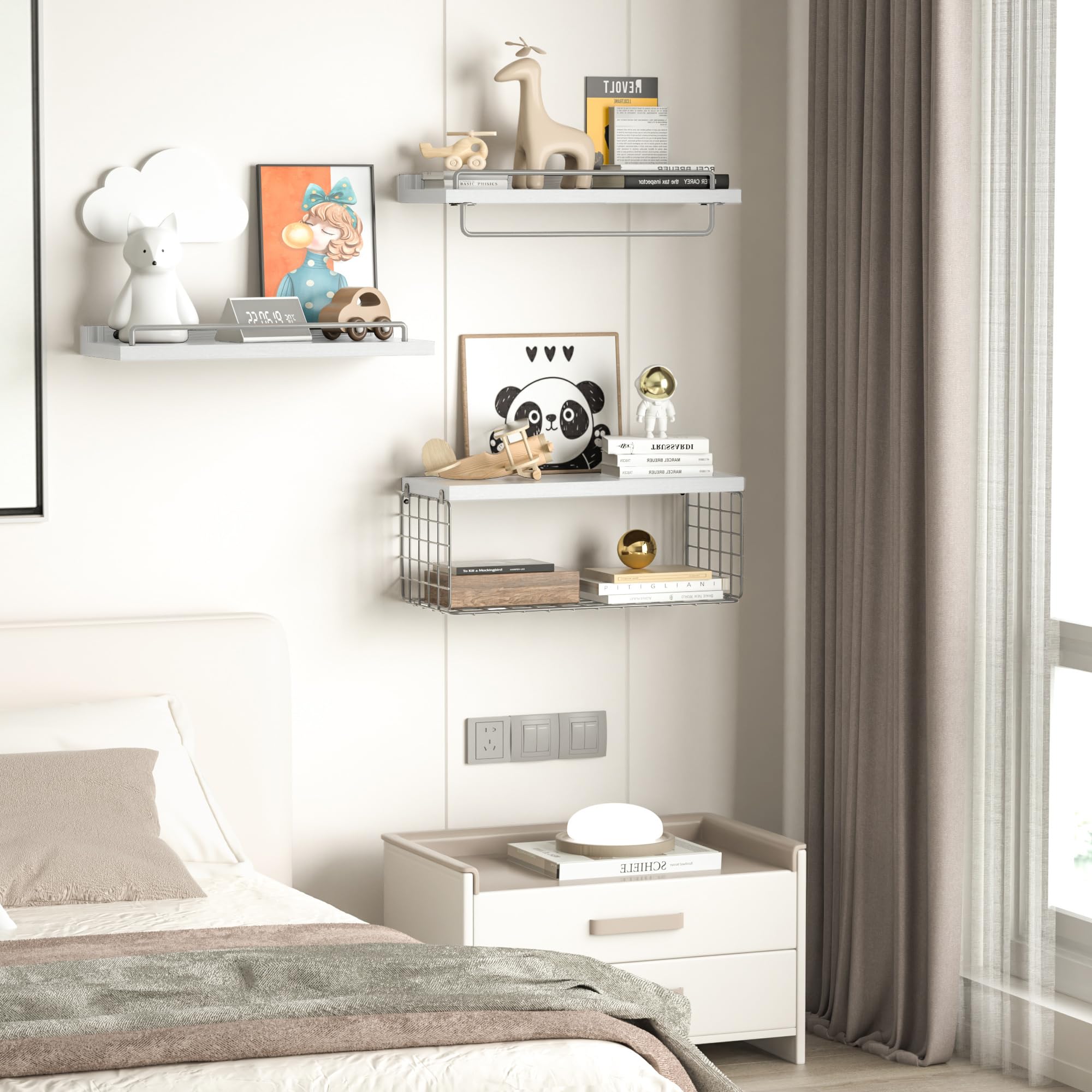 RYOFOBETTO Bathroom Shelves, Floating Shelves Over Toilet Paper Holder, Wall Mounted Rustic Wood Storage Basket Shelves for Bedroom, Living Room & Kitchen, Set of 3 (White and Grey)