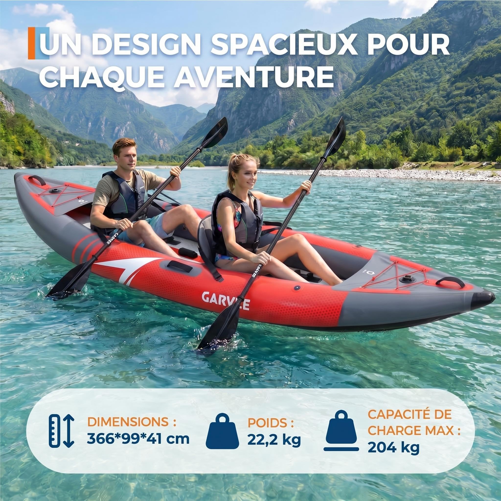 Garvee Kayak Gonflable 2 Personnes 12,5 Pieds – Siège rembourré, 3 ailerons – PVC Robuste, Pliable – Pompe, Sac, kit réparation – Capacité 204 kg – Pêche et Loisirs – Taille 381×95×42 cm