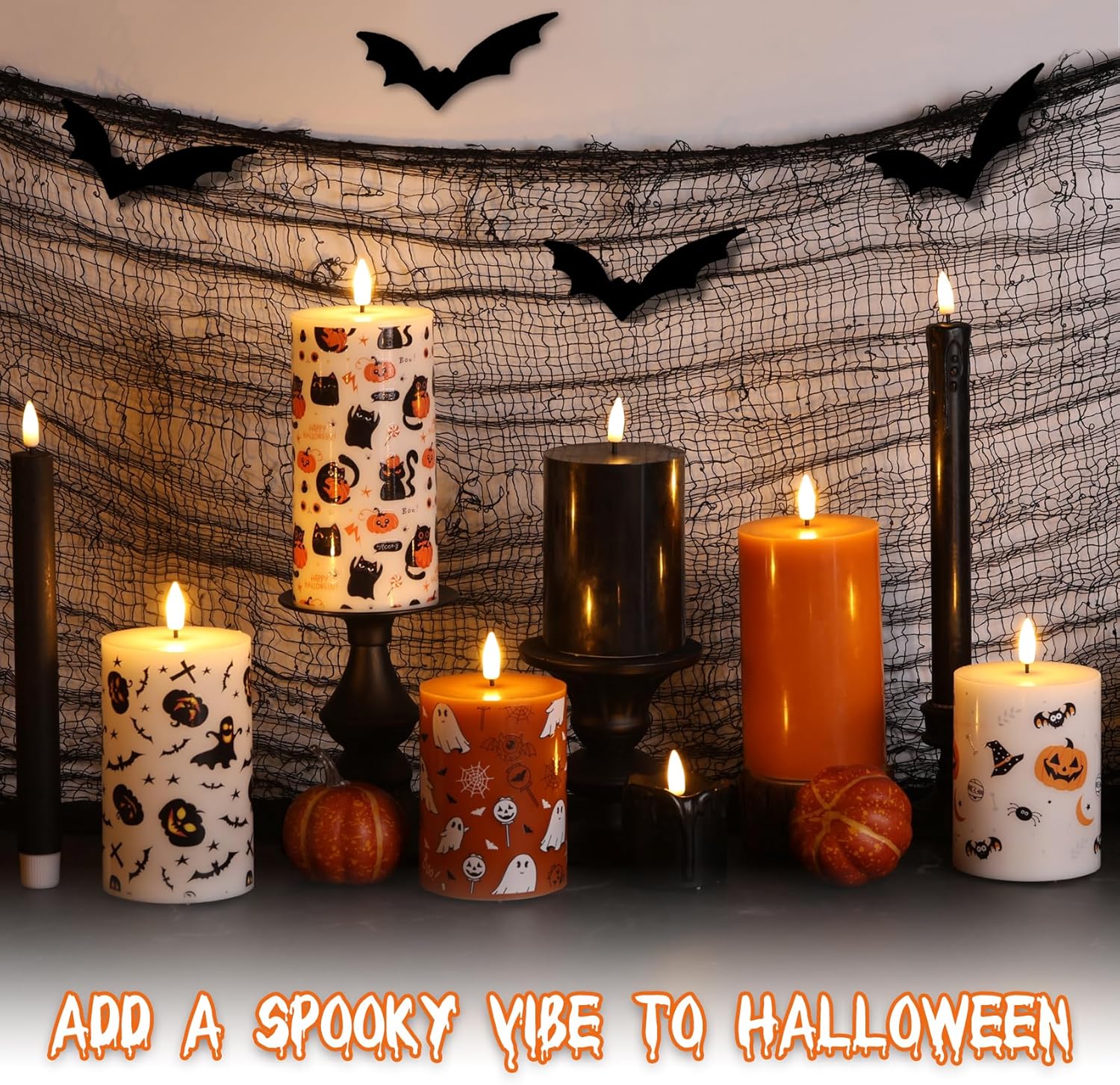 Halloween Flameless Pillar Candles with Remote, Flickering Spooky LED Wax Candles Battery Operated Set of 3
