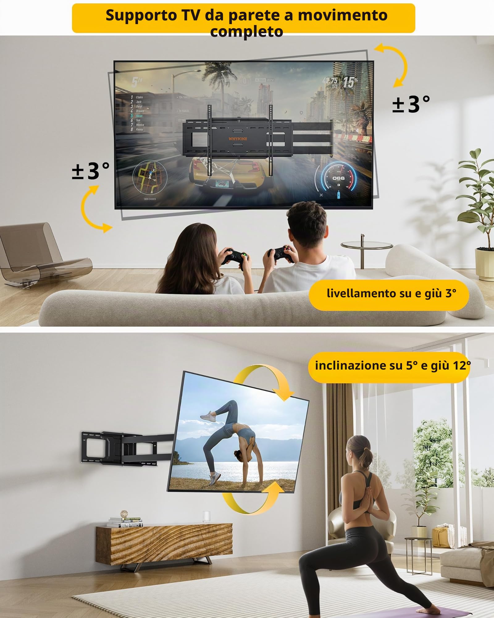 Supporto TV Parete con Braccio Articolato Extra Lungo 1219mm, Staffa TVs Girevole Inclinabile ed Estendibile, Braccio TV per Schermi LCD/LED/OLED da 37-86 Pollici fino a 50kg, VESA 600x400mm