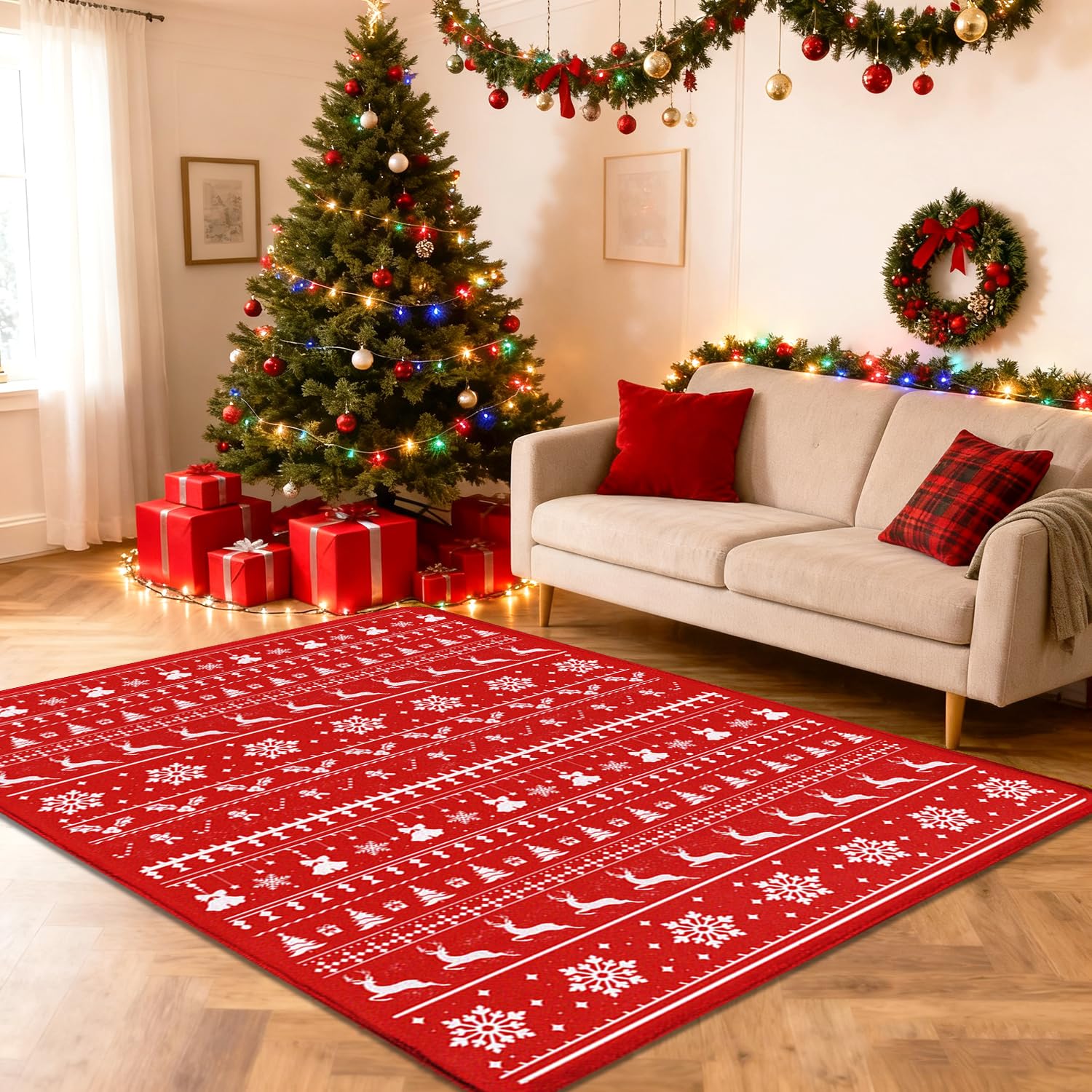 Christmas Area Rug 5x7 Red Vintage Floral Non-Slip Holiday Carpet for Living Room Washable Low Pile Festive Indoor