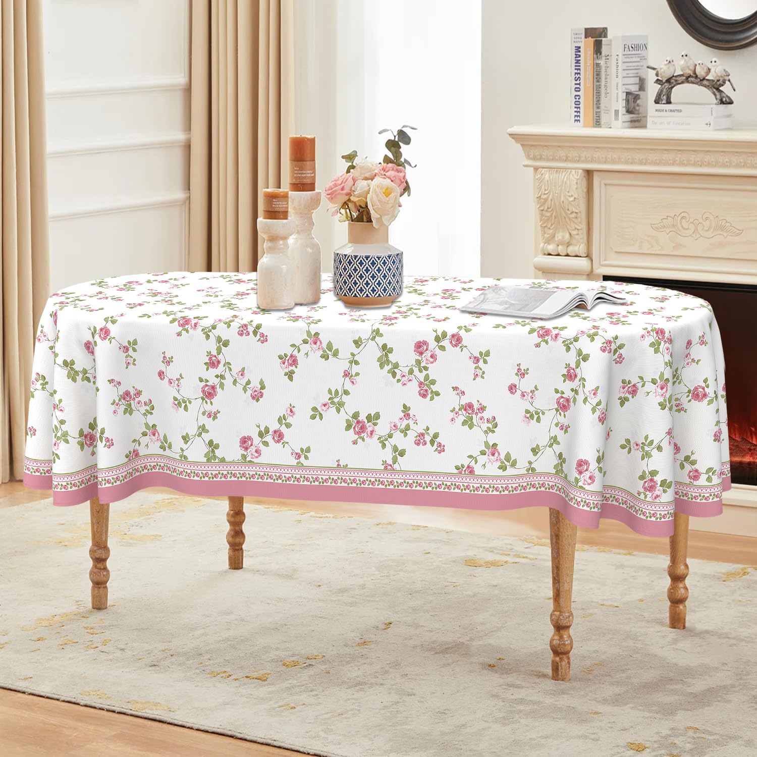 ZORKET Oval Tablecloth 60 x 84 Inch, Pink Floral Flower Oval Table Cloth, Washable Wrinkle Free Oval Table Cover for Kitchen Dinning Party