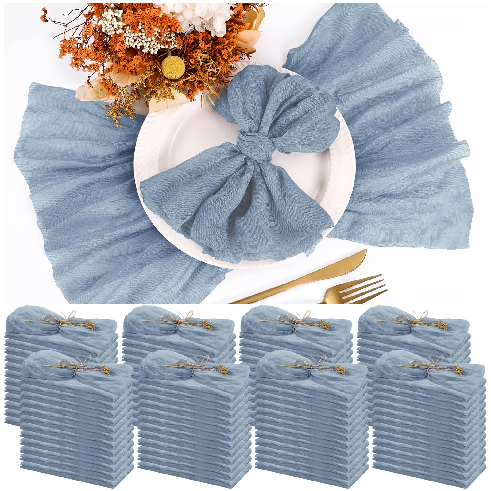 100 Piezas Servilletas de Gasa para Cena Color Azul Empolvado, Servilletas de Tela Arrugadas al por Mayor para Bodas, Decoración Rústica de Mesa para Fiestas en Casa, 43 x 43 cm