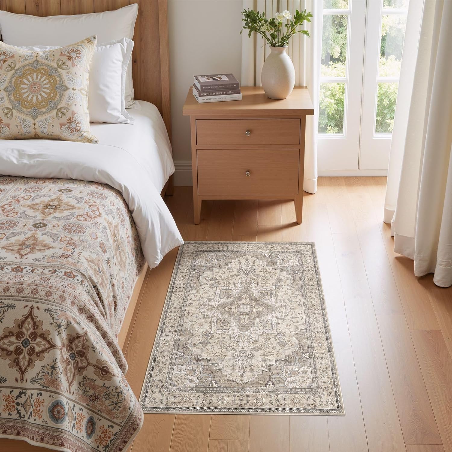 EIEIHOUSE Washable Area Rugs for Living Room -2x3 Neutral Vintage Distressed Floral Farmhouse Boho Large Soft Floor Rug Indoor Non Slip Carpet for Bedroom Dining Room Office - Brown/Multi