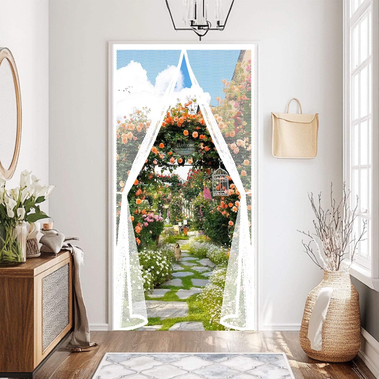 Guojun White Fly Screens Doors 120 X 265 Cm Powerful Magnets And Full Frame Magic Tape Nets Patio Curtain Insect Mesh Hands Free No Drill Installation For Patio Bedroom Sliding Kitchen,