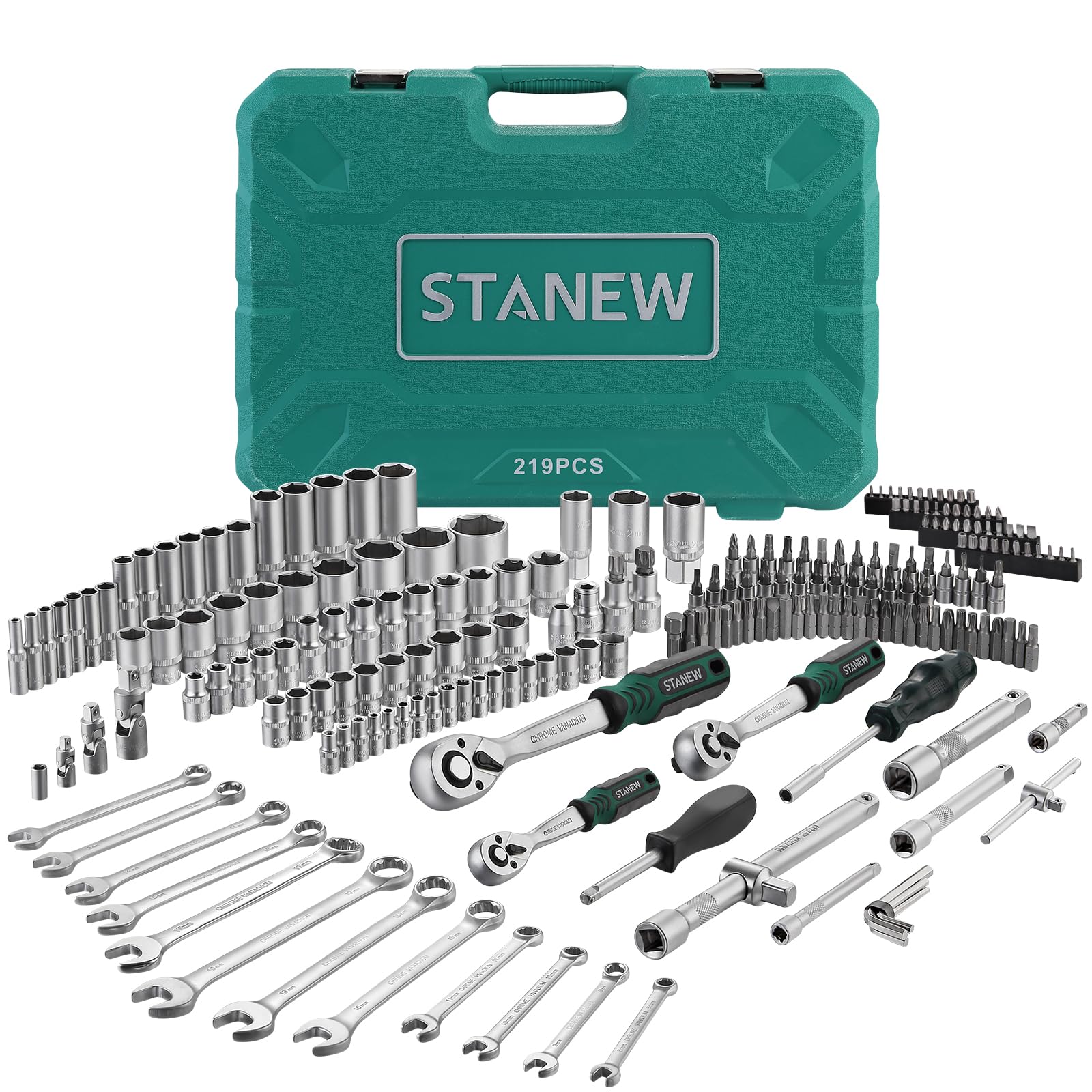 STANEW 219 Piezas Juego de Vasos Profesionales para Llaves Carraca, Llave de Carraca Reversible de 1/4", 3/8" y 1/2",Acero al Cr-V, Ideal para Bricolaje, Reparación o Trabajos Mecánicos