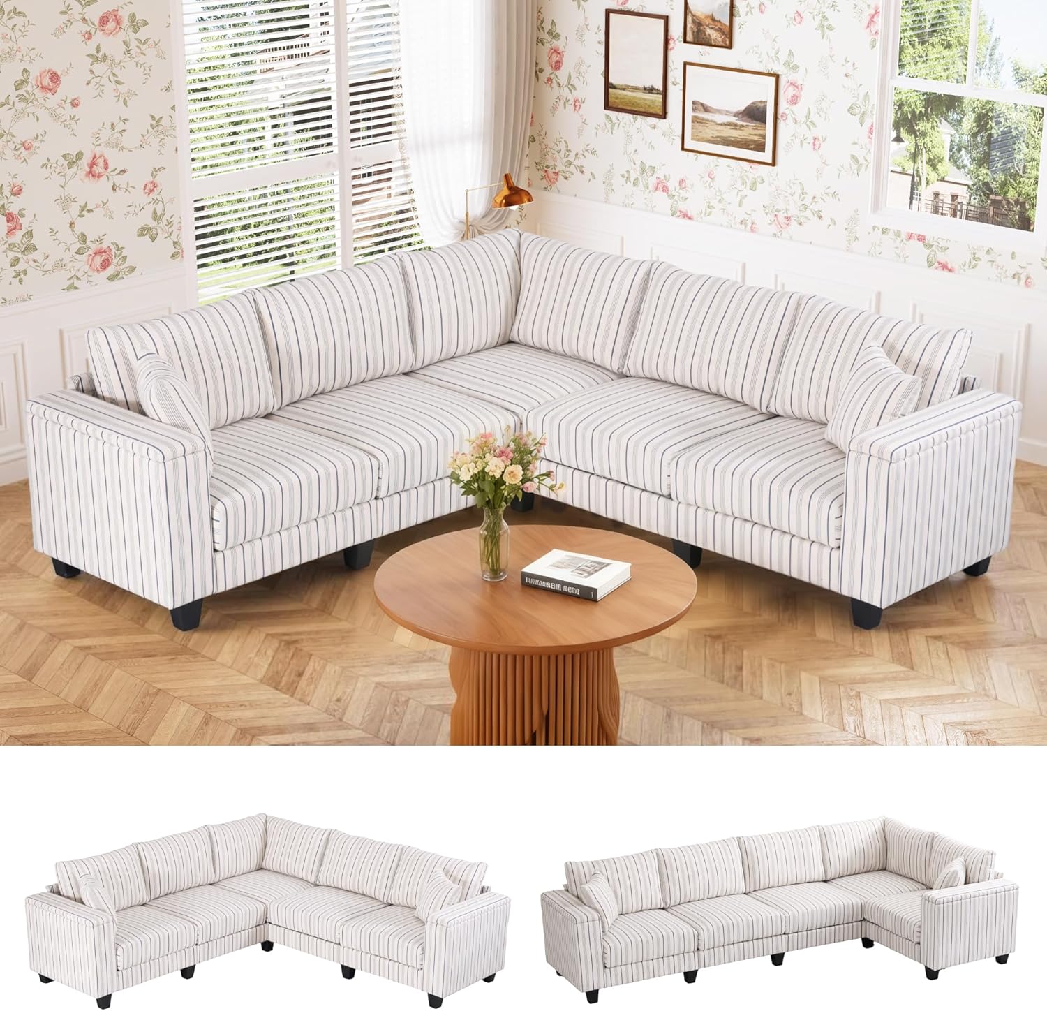 97" Stripe Pattern Sectional Corner Sofa with Storage Armrests & 2 Pillows, Oversized Modular Couch V-Shape Sofa Upholstered L-Shape Couch 5-Seat Sectional for Living Room, Apartment, Bedroom