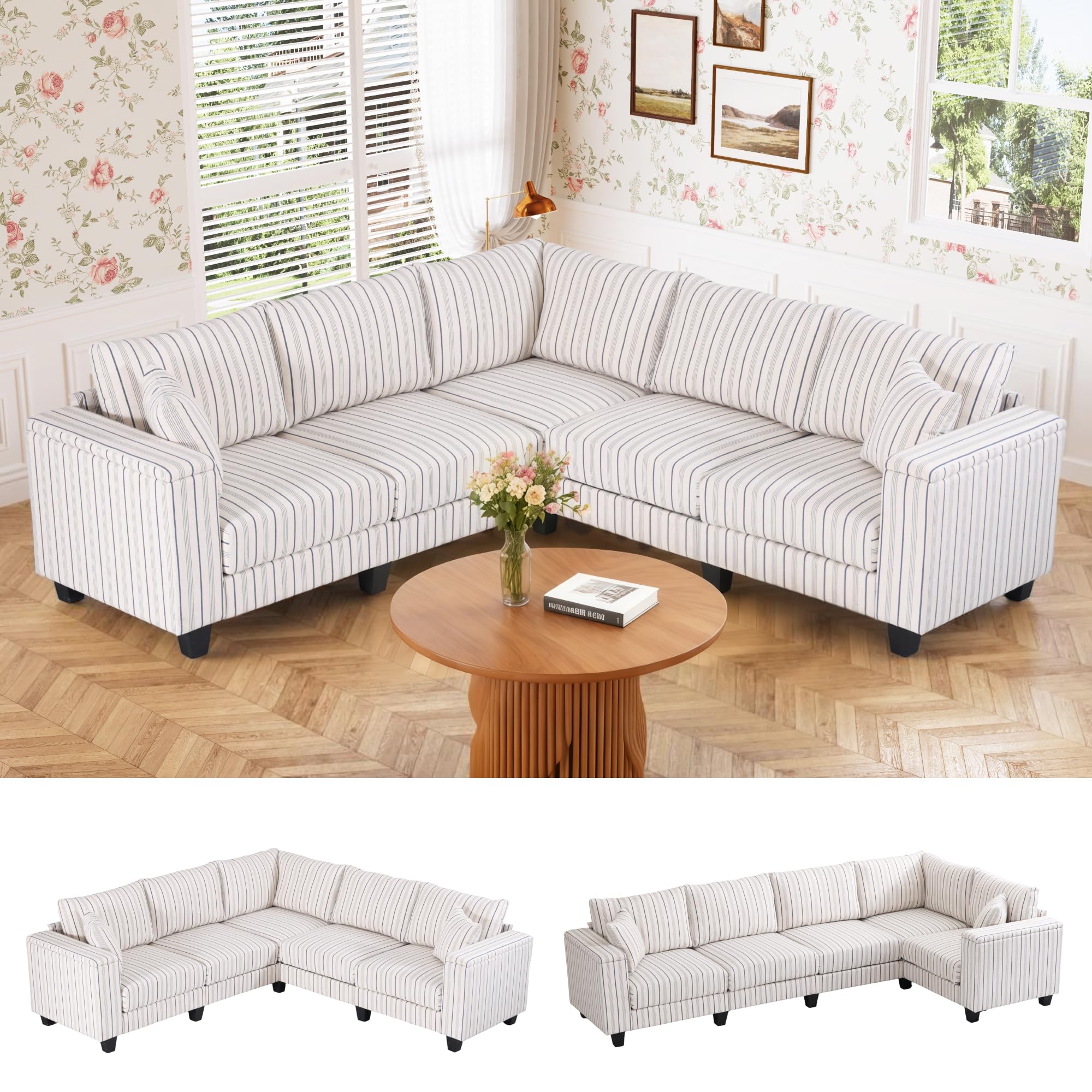 97 Stripe Pattern Sectional Corner Sofa with Storage Armrests 2 Pillows Oversized Modular Couch V-Shape Sofa Upholstered L-Shape
