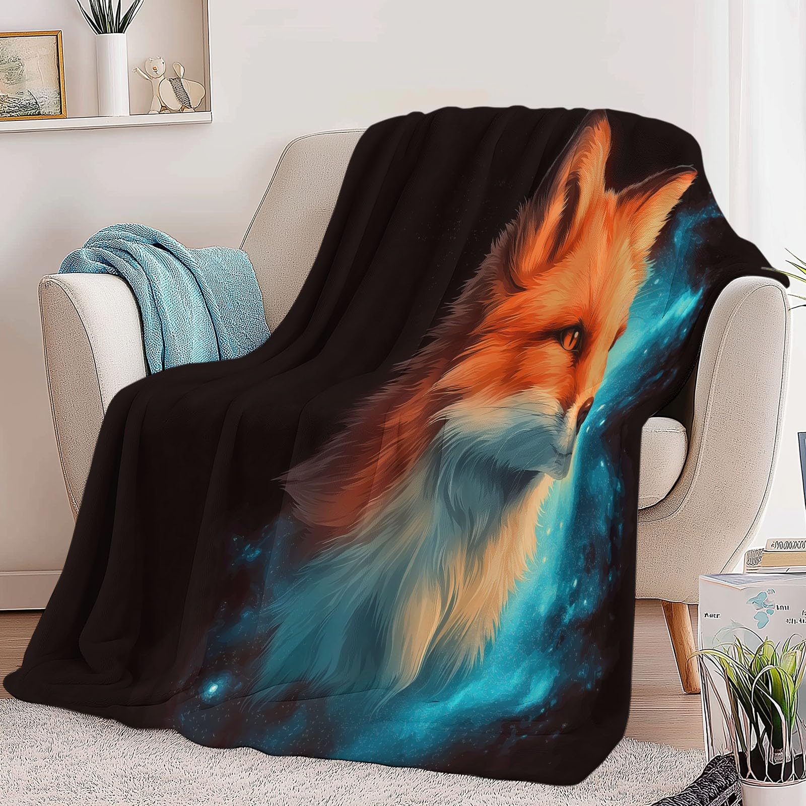 Koc w kratę z czarnym fantastycznym portretem lisa, duży rozmiar, miękki i ciepły flanelowy koc, wygodny dla dzieci i dorosłych, 220 x 240 cm