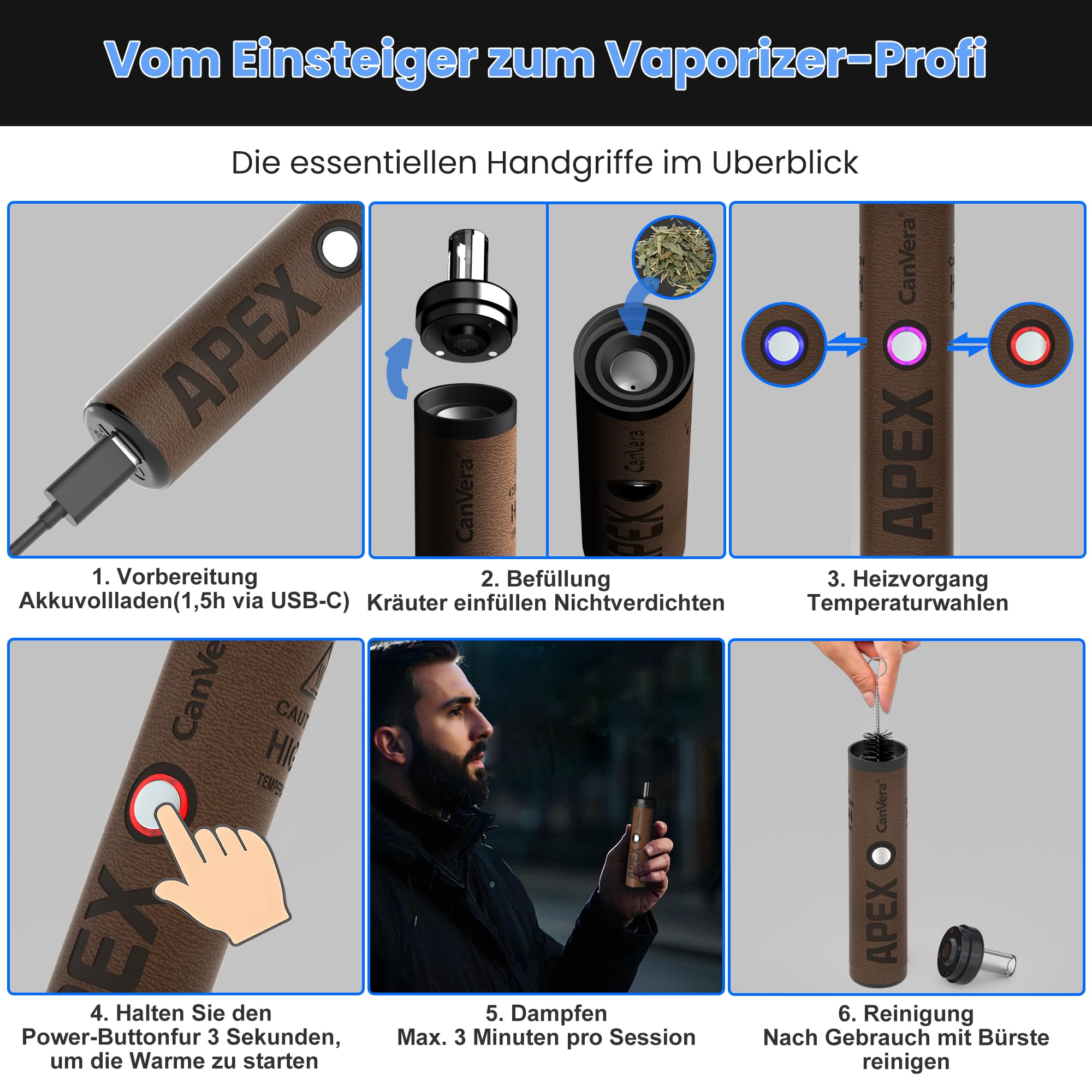 Premium Vaporizer Kräuter | Verdampfer für Kräuter mit 3 Temperaturstufen | Glasmundstück Vapo-rizer| Sehr kompakt | Soft-Touch-Finish | Edelstahl-Kammer | Einfache Reinigung
