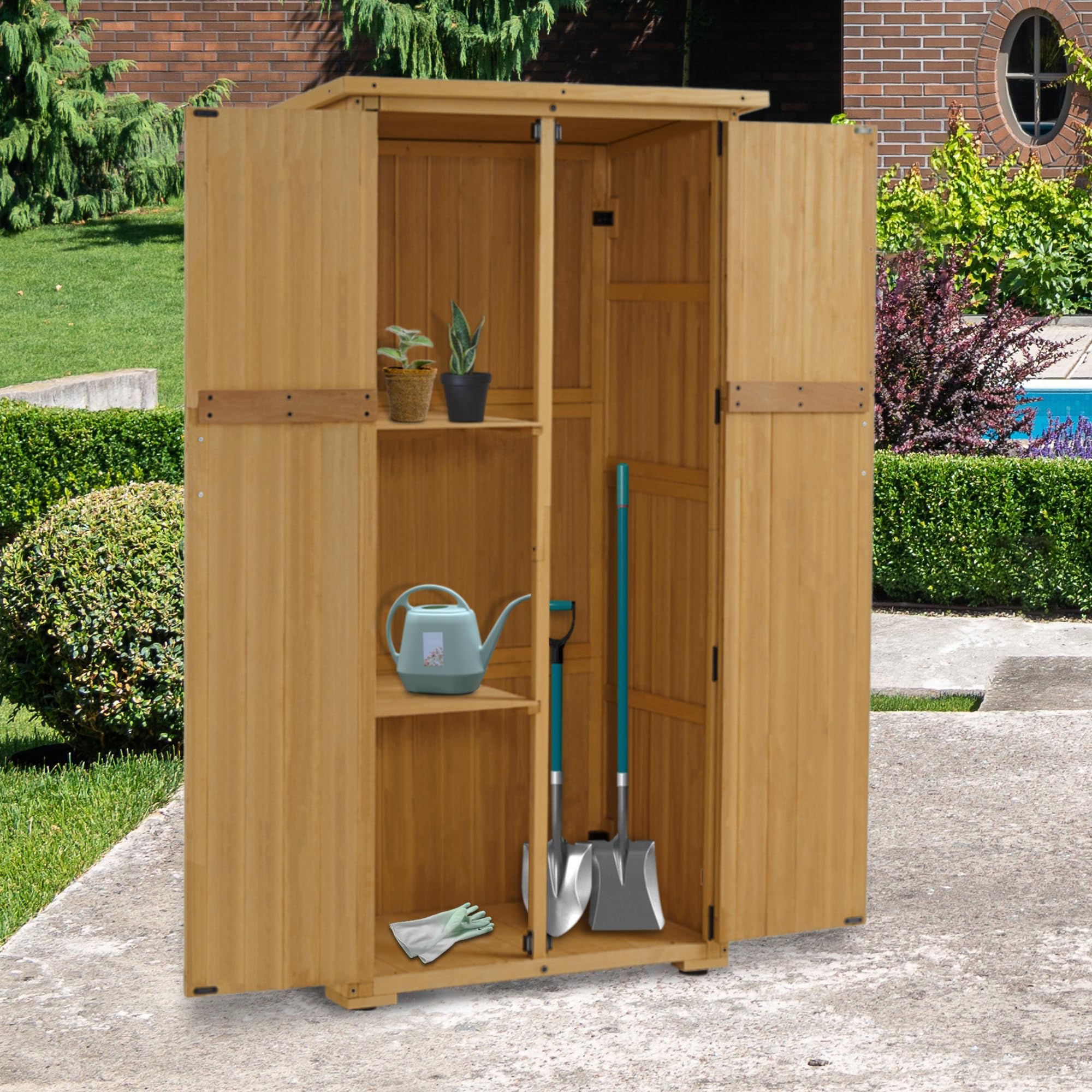 M MCombo Holz Gartenschrank Outdoor Gerätehaus Wetterfest 55×90×169cm Natur
