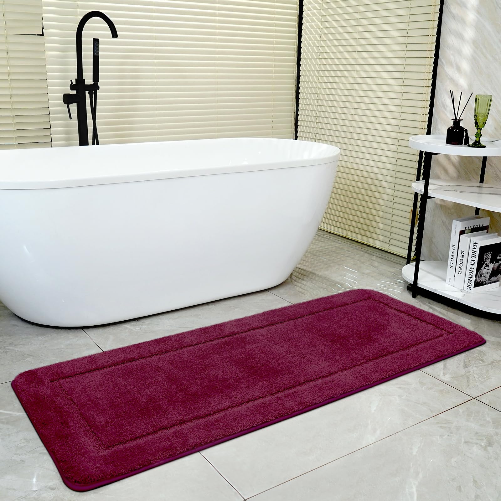 SOANNY Burgundy Bath Mat Single, Non-Slip Soft Microfiber Machine Washable Bathroom Carpet Water Absorbent, High Density Large Fluffy Bathtub Decor Runner Rugs for Door Entrance, Kitchen, 60x150 cm