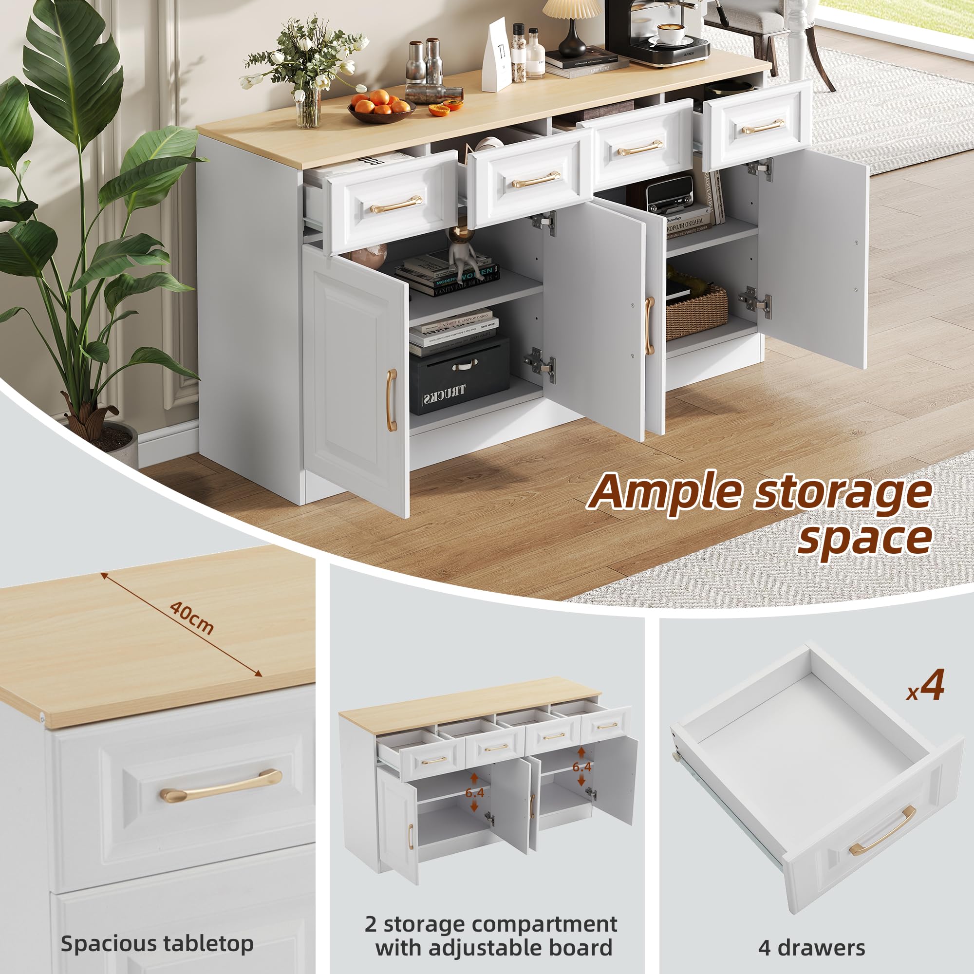 Aparador Cocina, Aparador Mueble De Cocina, Buffet Comedor con 4 Cajones y 4 Puertas, Mueble Bar, Aparadors Vitrina para Dormitorio, para Salon, Comedor, Sala de Estar, 140×40×75 cm (Blanco-A)
