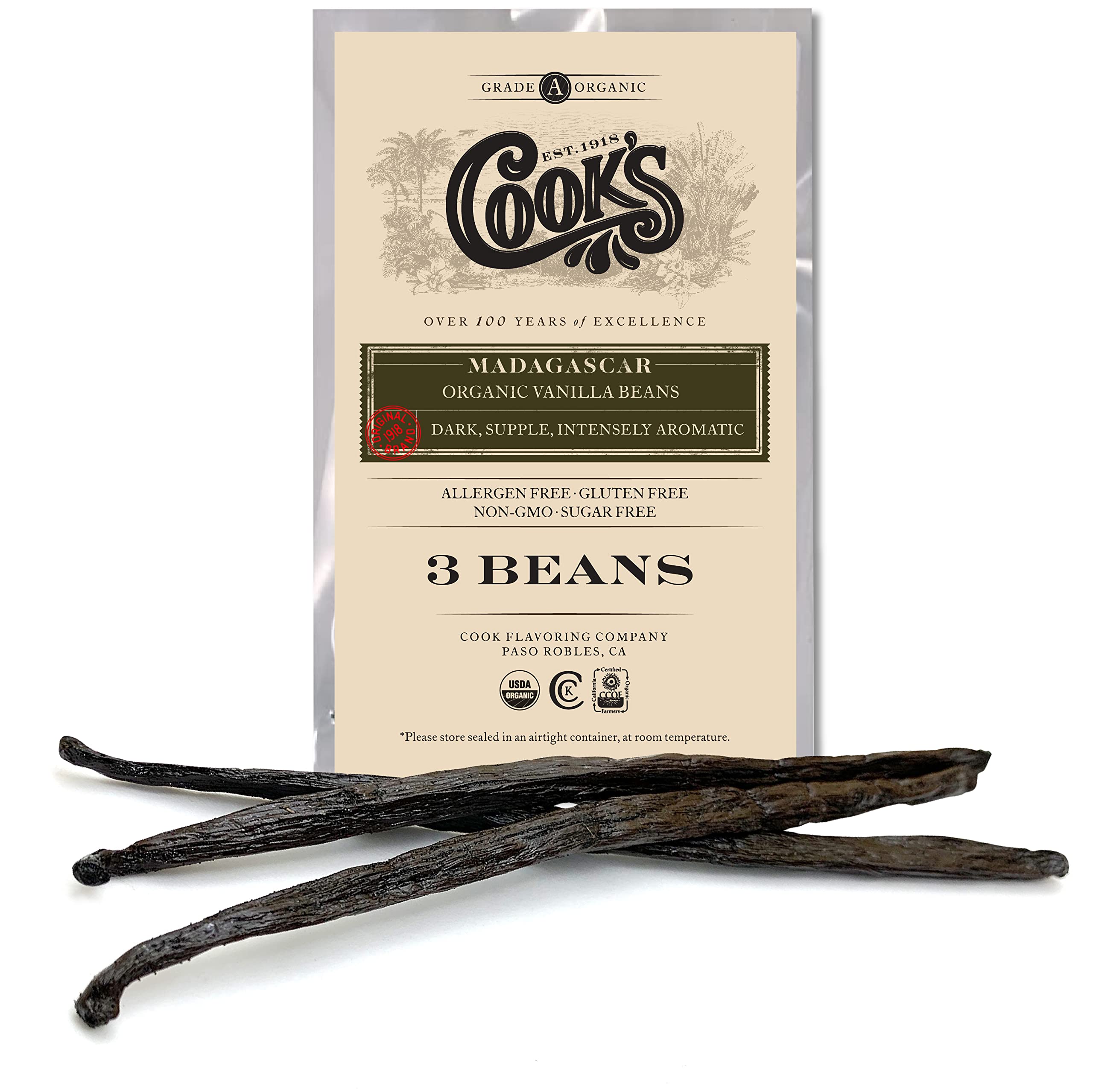 3 Organic Madagascar Whole Vanilla Beans, Grade A Vanilla Pods, Premium Vanilla Beans for Making Extract & Baking - Cook’s