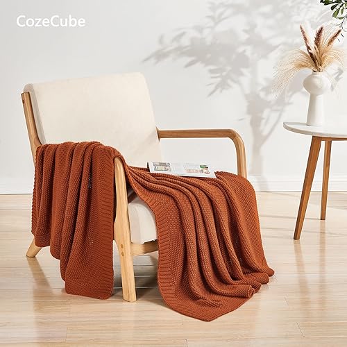 Miniatura 5 de CozeCube Manta naranja para cama, manta de punto trenzado suave y acogedora para cama individual, ligera y cálida, manta decorativa de Navidad para