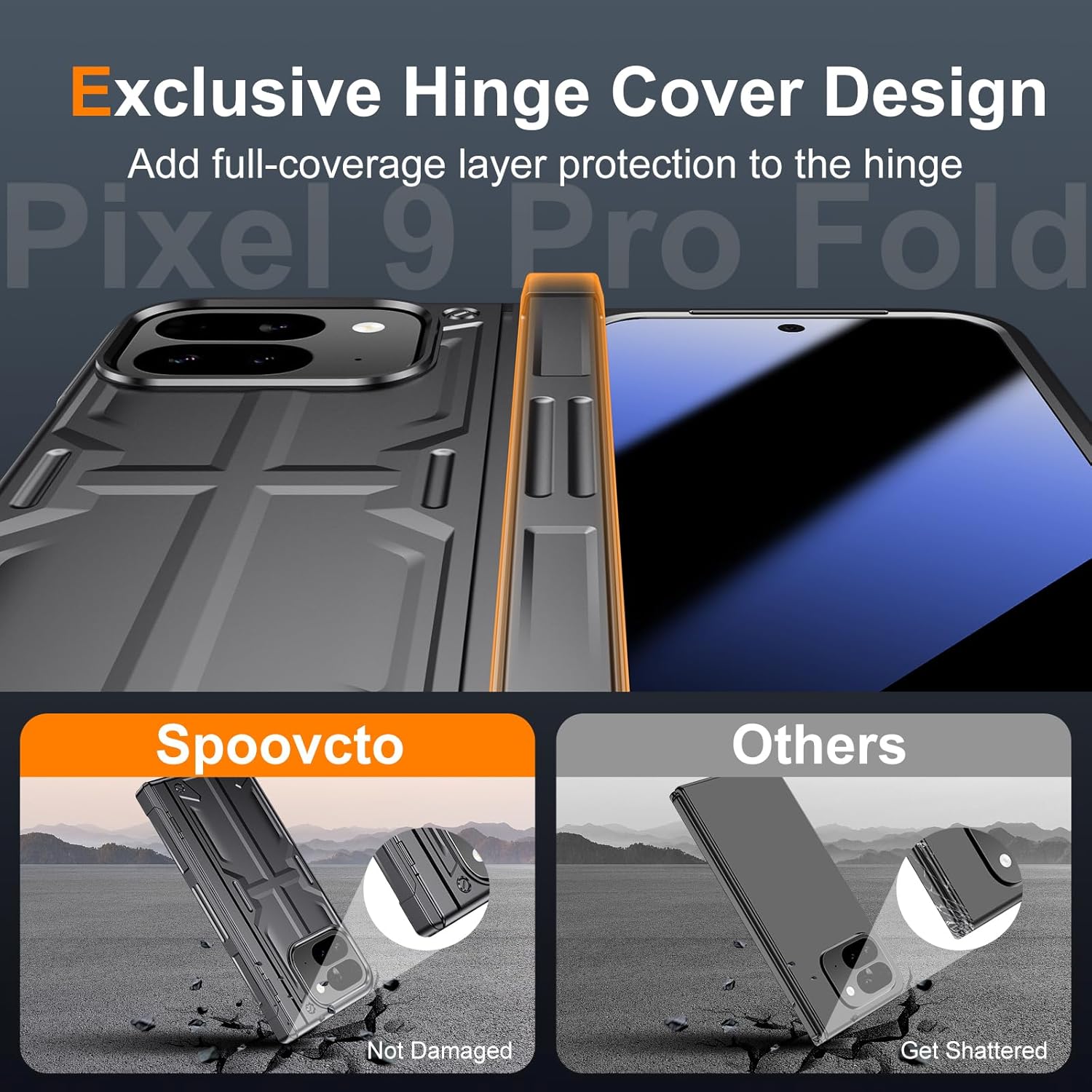Privacy Case for Google Pixel 9 Pro Fold, with Hidden Large Kickstand, Full Hinge Protection, Anti-spy Screen Protector, 360 Degree Protection Original Slim Phone Cases for Pixel-9-Pro Fold, Black