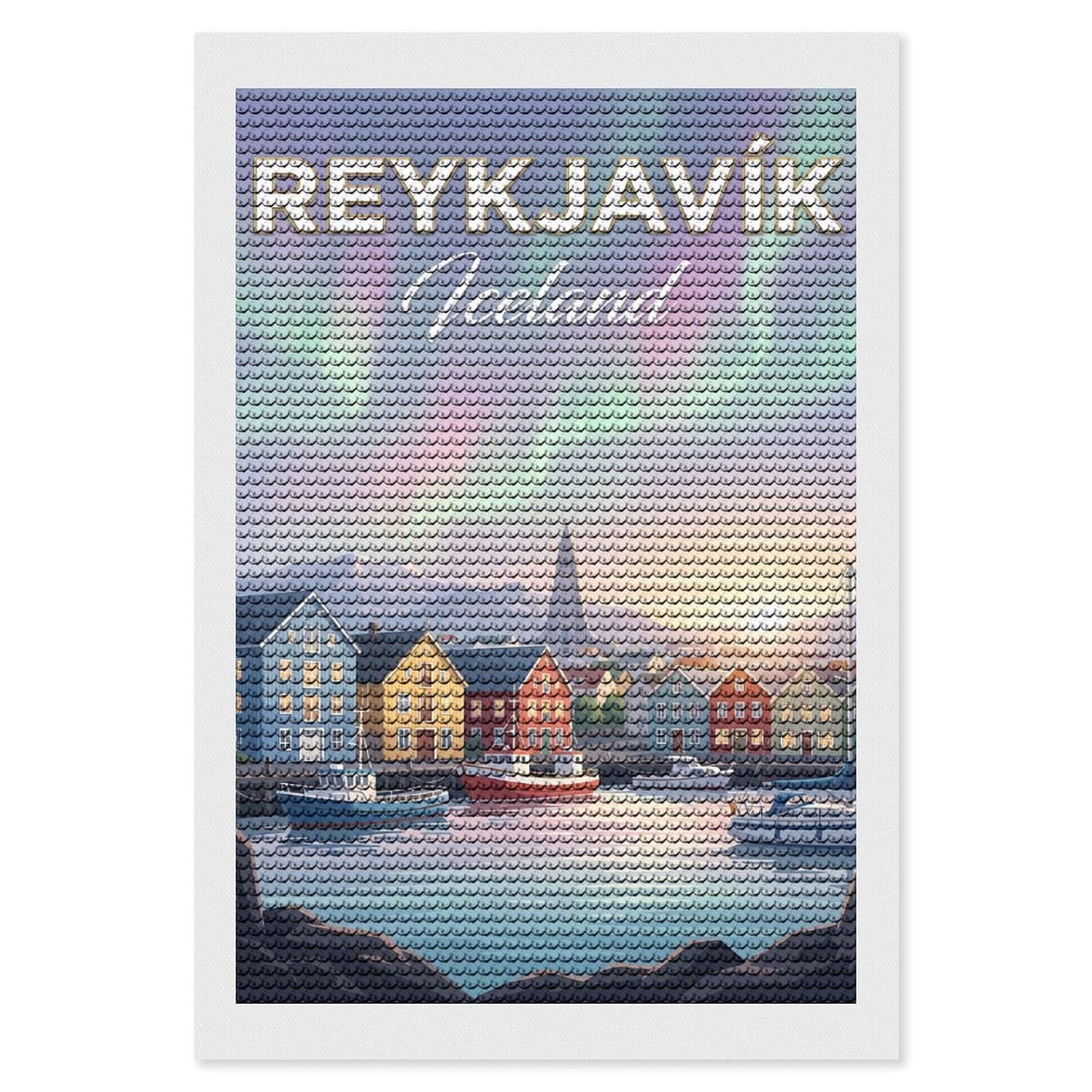Junmoney Reykjavik Iceland Aurora Borealis Diamond Painting Canvas Set 8"x12", for Craft Lovers, Decorate Your Room, Festive Craft Gift, Vintage Style Decor