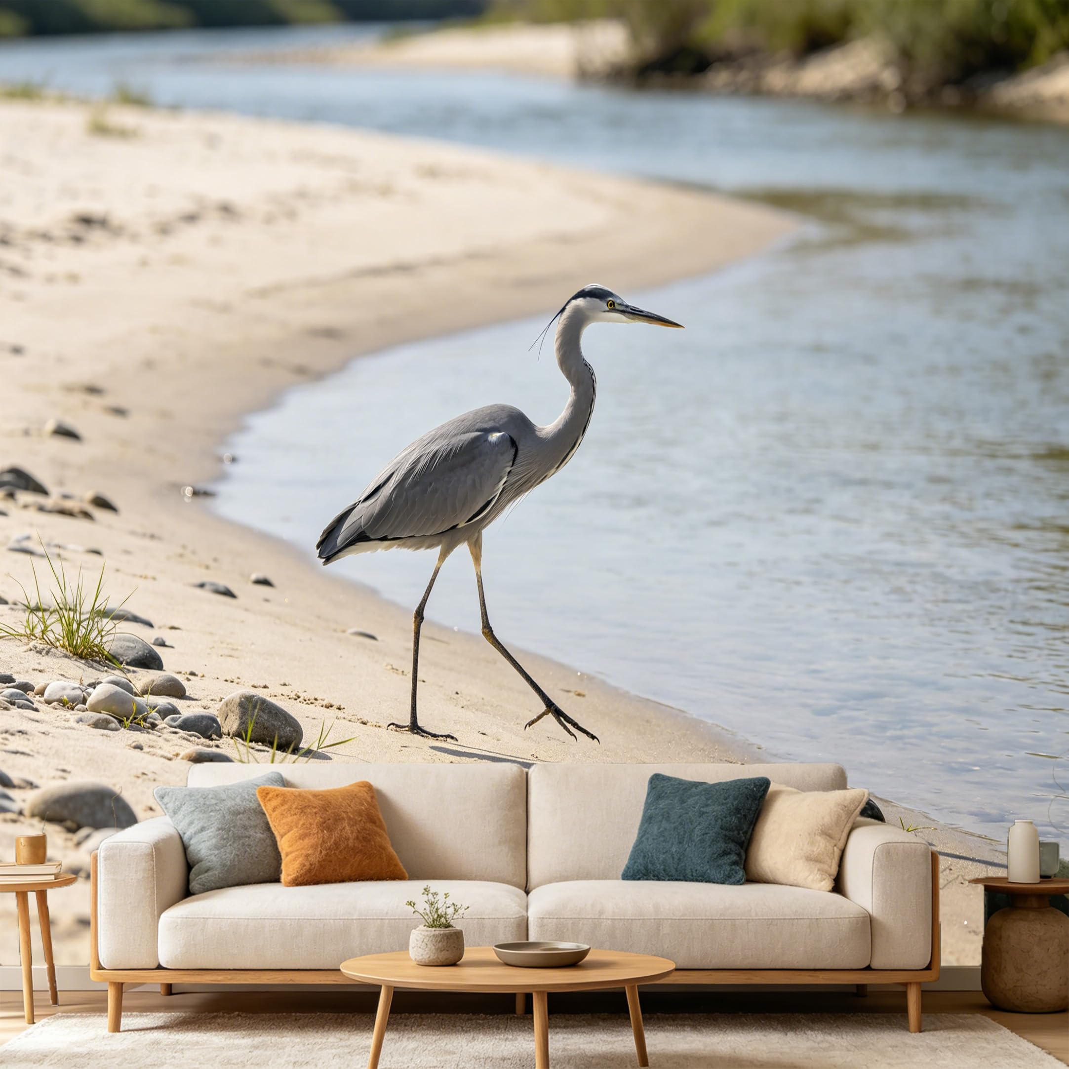 Custom Size Wall Mural Coastal Grey Heron Bird River Shoreline Landscape SelfAdhesive Art Prints wall Fabric（No PVC） Removable Wallpaper Home Bedroom Decor