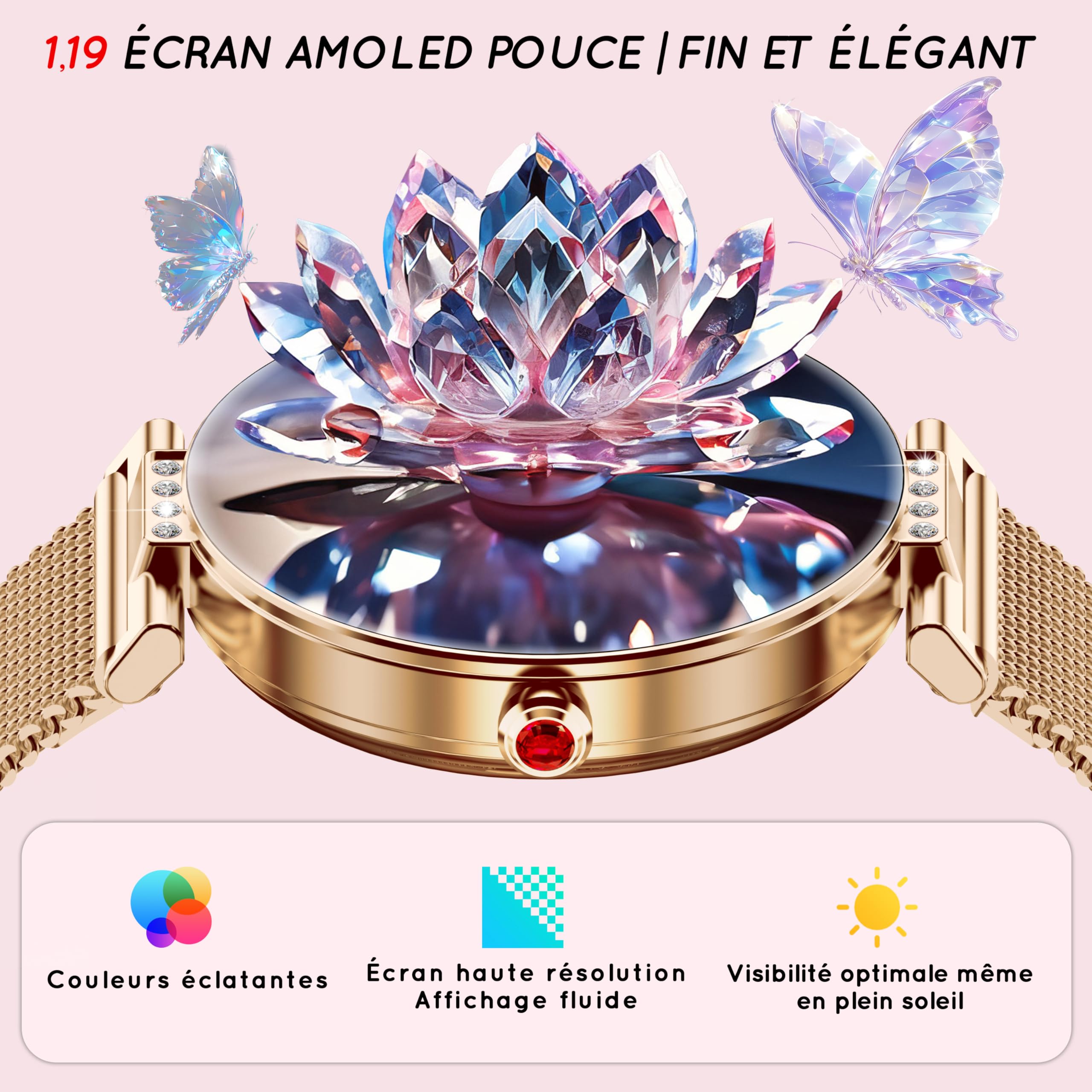 Montre Connectée Femme 1,19" AMOLED 3 Bracele Petit Poignet Appel Bluetooth | Smartwatch Fitness Podomètre ave Fréquence/SpO2/Sommeil Montre, 120+ Sport Modes Compatible Android iPhone, Or Rose