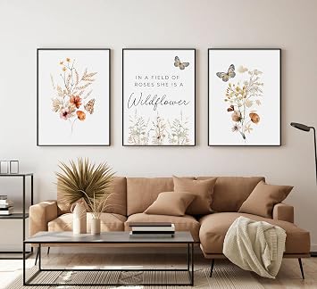 3 Pcs Watercolor Flowers Wall Art In A Field Of Roses She Is A Wildflower Painting Picture Wall Decor Boho Butterfly Wildflowers Poster Print Artwork for Nursery living room Bedroom Home Decoration