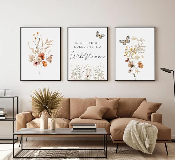 3 Pcs Watercolor Flowers Wall Art In A Field Of Roses She Is A Wildflower Painting Picture Wall Decor Boho Butterfly Wildflowers Poster Print Artwork for Nursery living room Bedroom Home Decoration