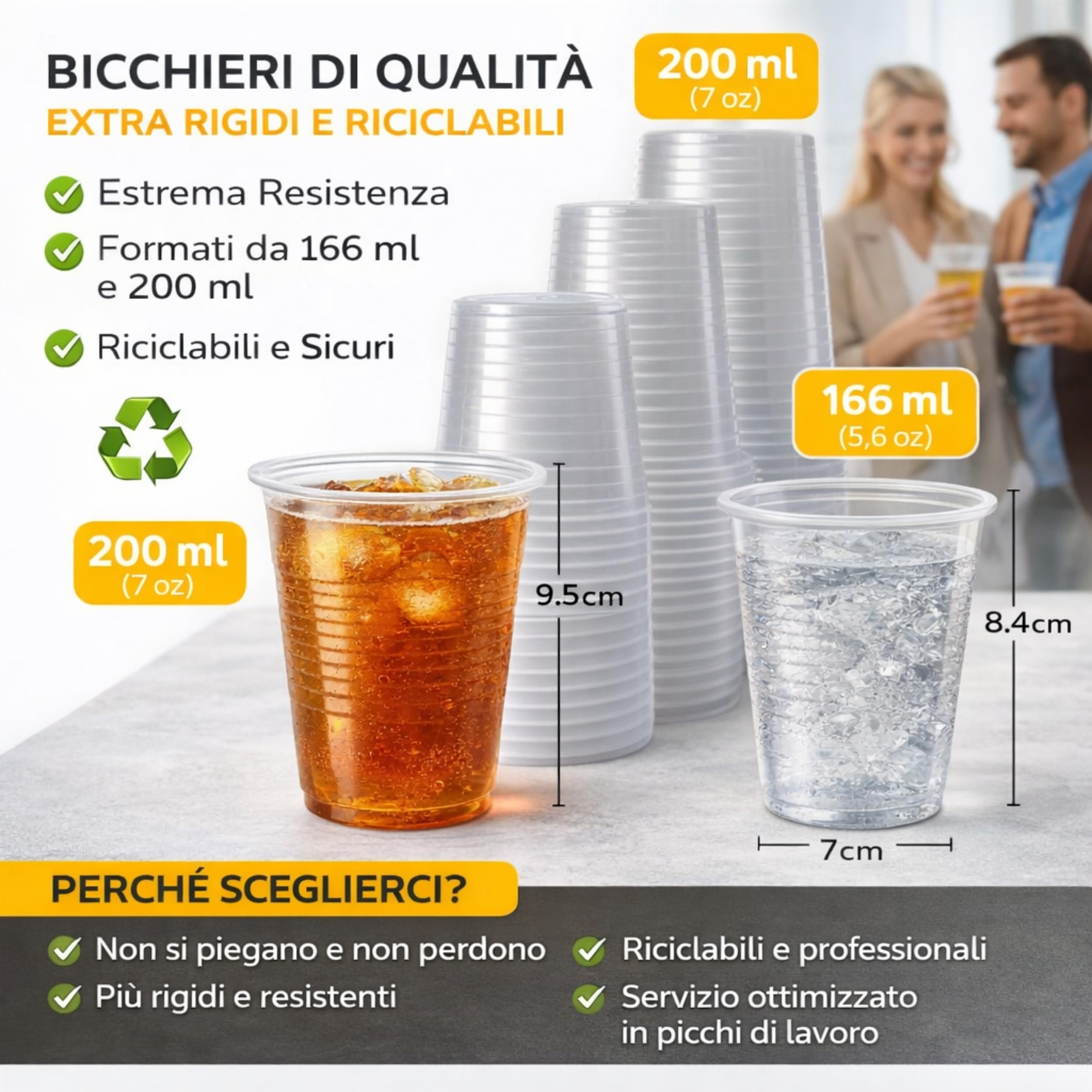 1000 Bicchieri Trasparenti 166 ml RICICLABILI - Extra Resistenti, a Prova di Perdite - Per Bevande Calde e Tiepide, Acqua, Cocktail, Bibite - Ideali per Eventi, Feste, Catering e Ufficio