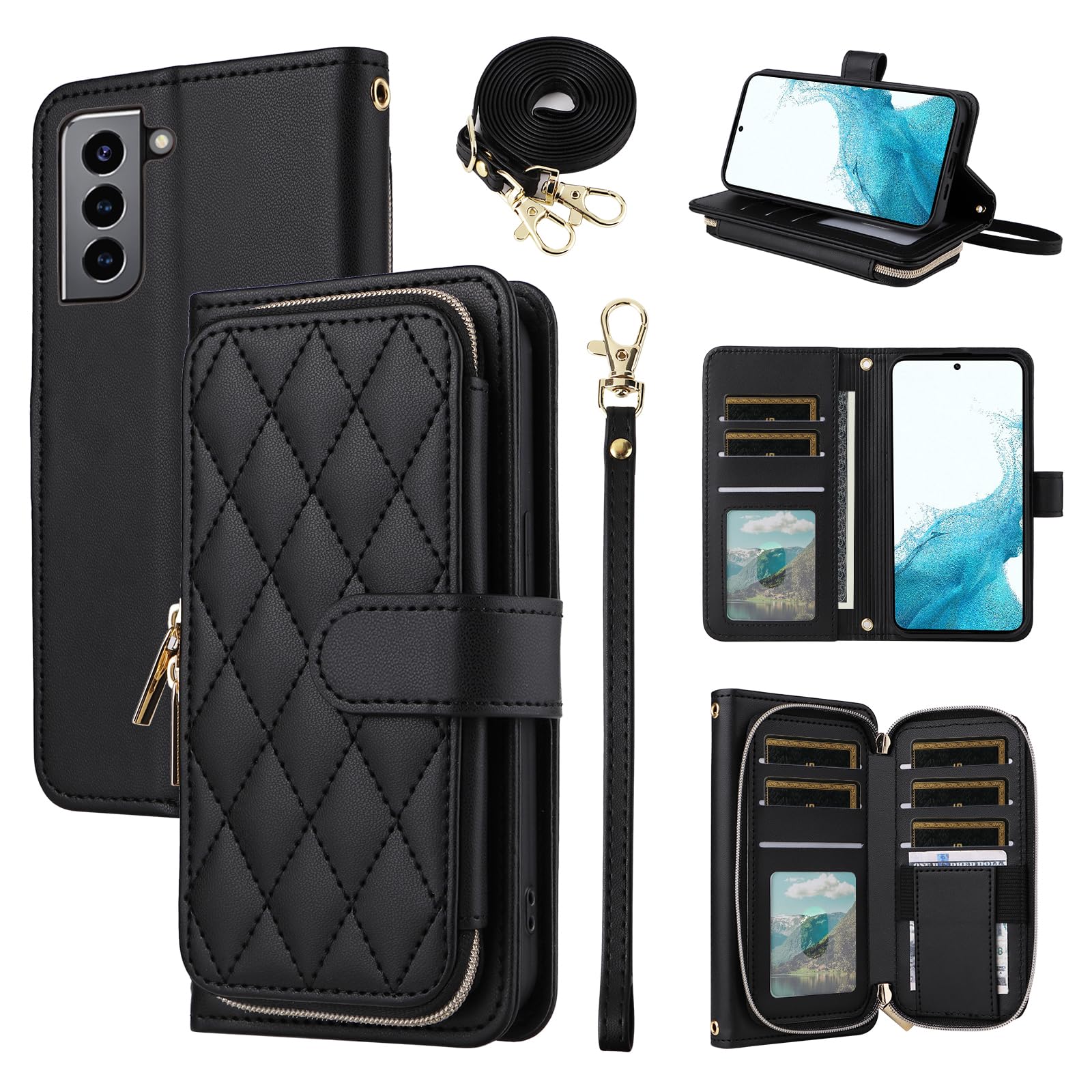 Furiet Wallet Case for Samsung Galaxy S22 Plus S22+ 5G with Wrist Strap Shoulder Strap, 9+ Card Slots Zipper Purse, Luxury PU Leather Stand Phone